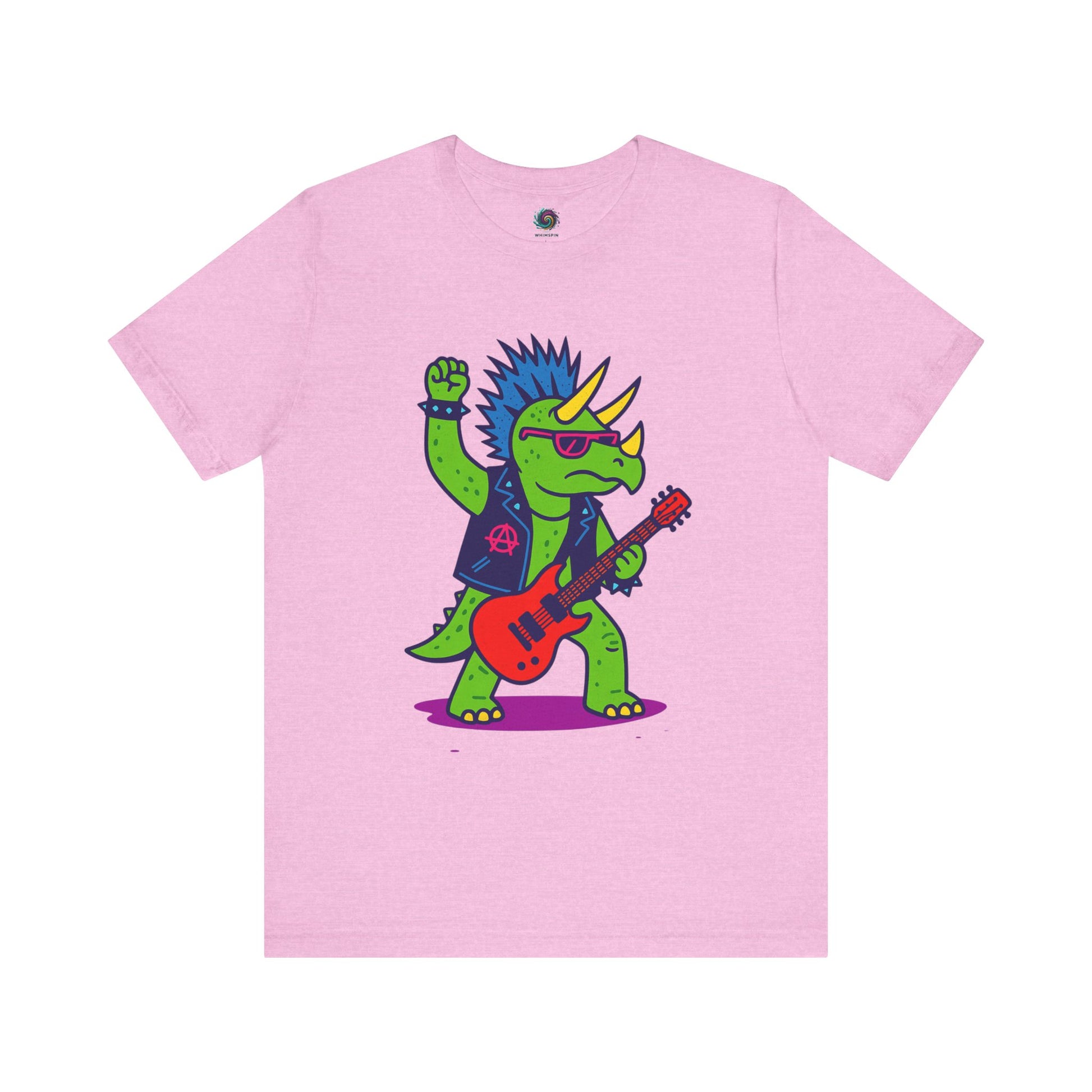 Punk Rock Triceratops T-Shirt – Funny Dinosaur Tee for Adults in heather bubble gum pink, featuring a fun, rebellious triceratops for rock lovers and punk style.
