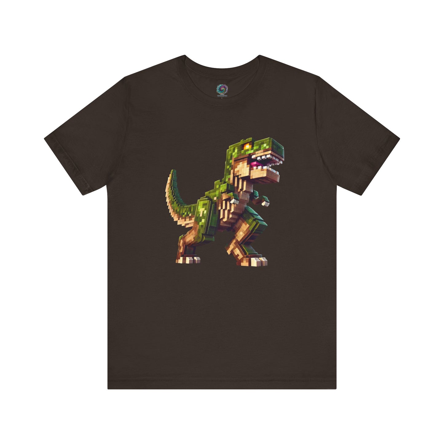 Pixel Dinosaur Graphic T-Shirt – Retro Unisex Tee for Adult Dino Fans in earthy brown, retro T-Rex art in pixel blocks.