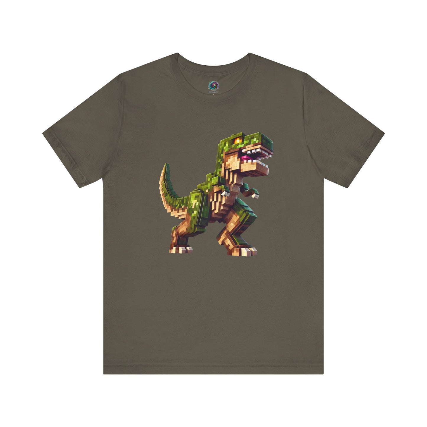 Pixel Dinosaur Graphic T-Shirt – Retro Unisex Tee for Adult Dino Fans in army green, blending pixel art and dinosaur nostalgia.