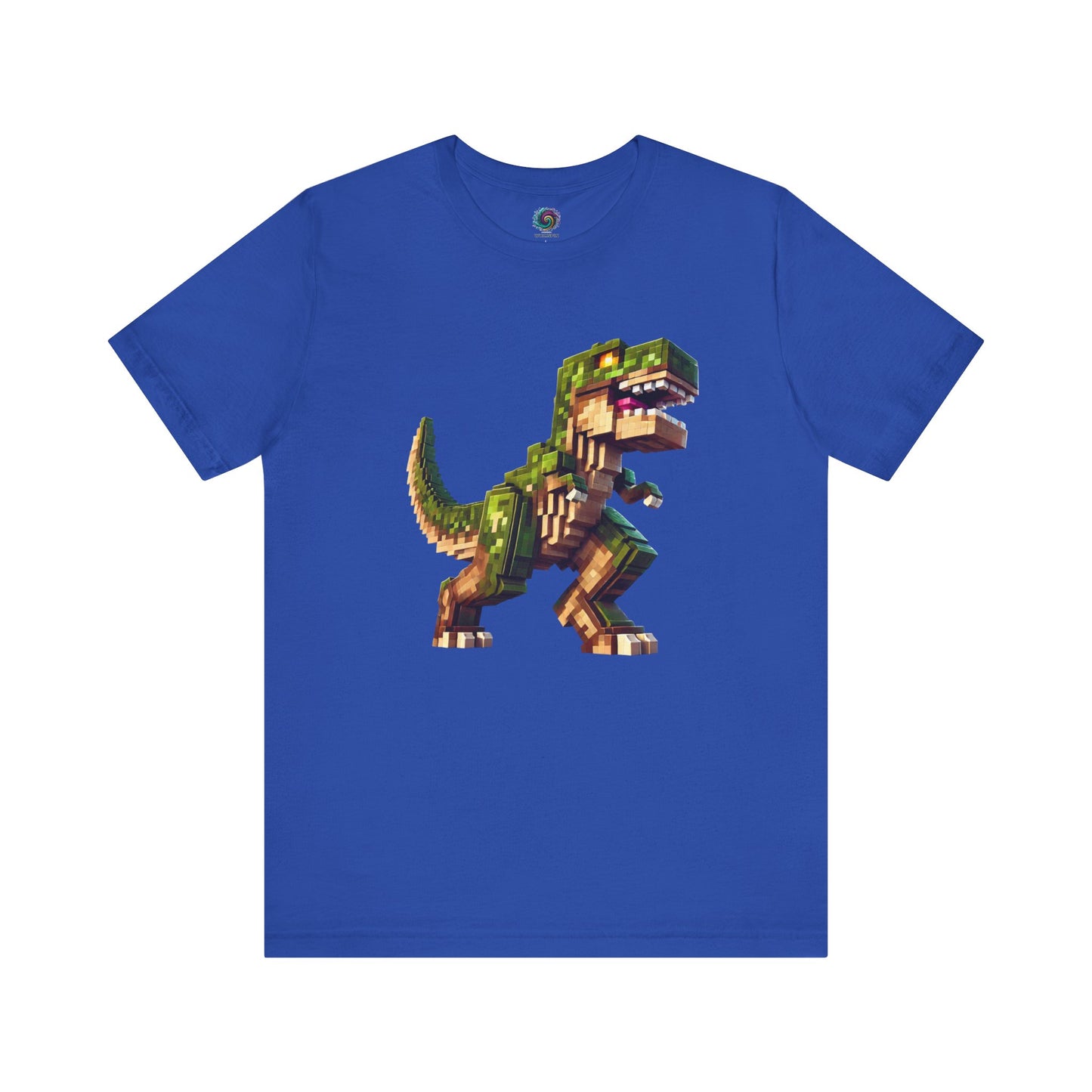 Pixel Dinosaur Graphic T-Shirt – Retro Unisex Tee for Adult Dino Fans in bright true royal blue, ideal for retro gamers.