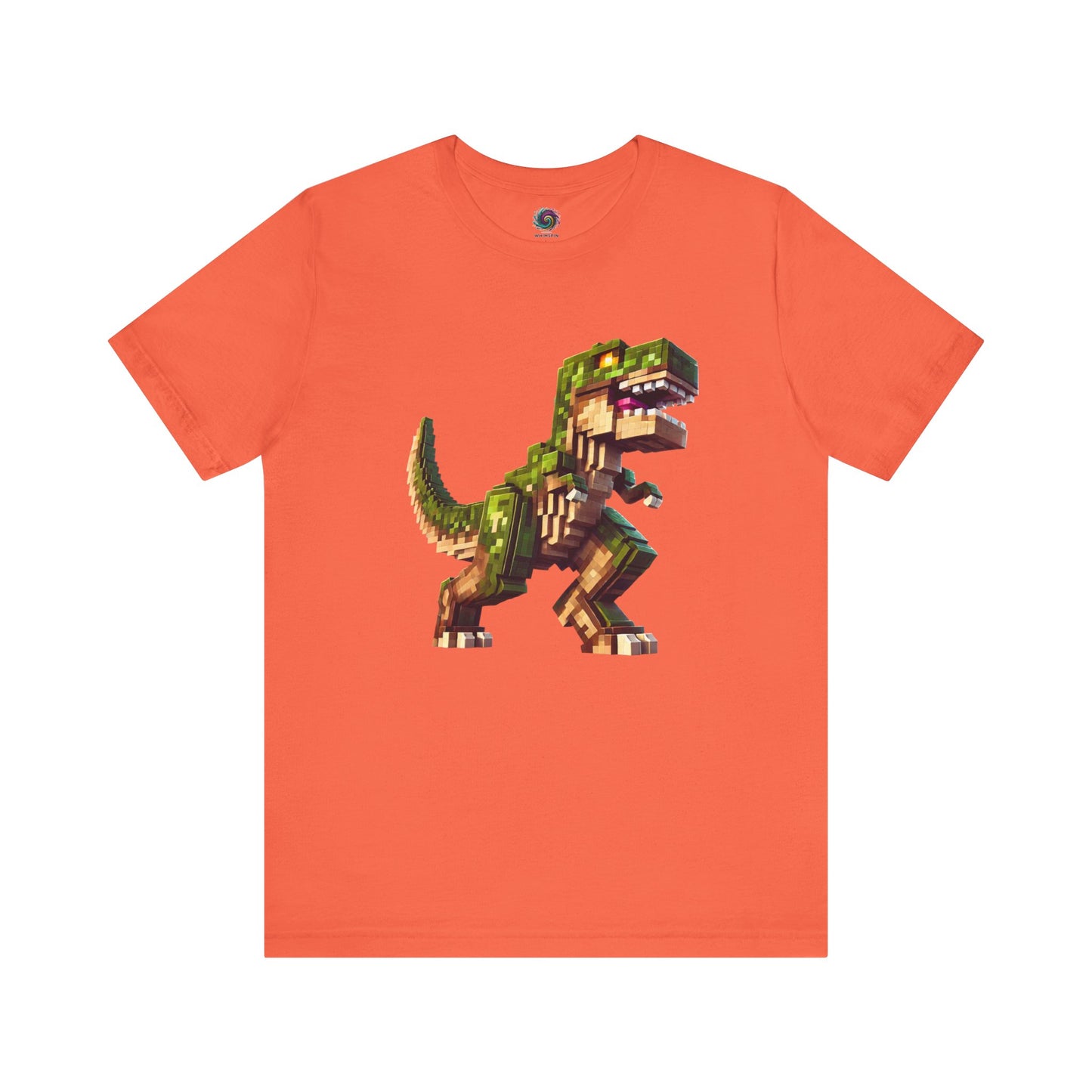 Pixel Dinosaur Graphic T-Shirt – Retro Unisex Tee for Adult Dino Fans in vibrant coral, with retro pixelated dino graphic.