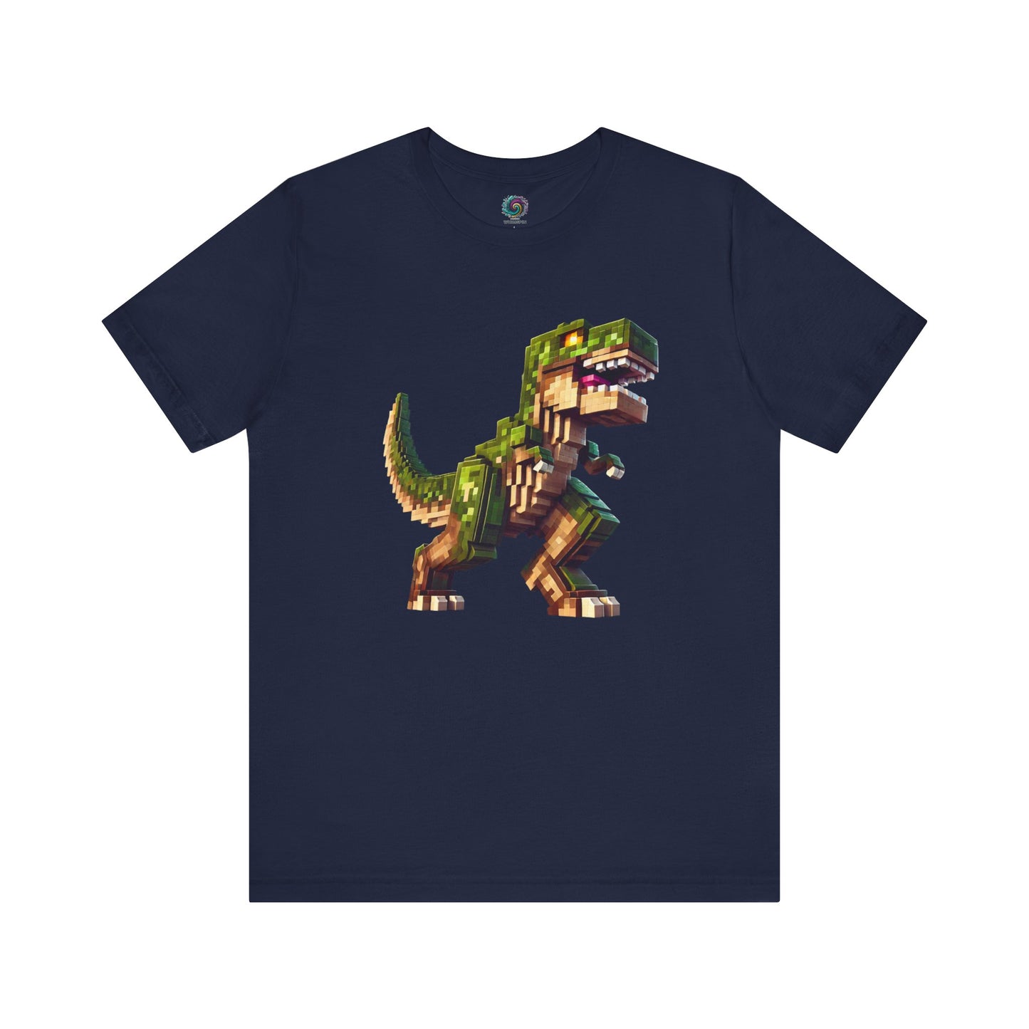 Pixel Dinosaur Graphic T-Shirt – Retro Unisex Tee for Adult Dino Fans in navy blue with pixel-style dinosaur illustration.