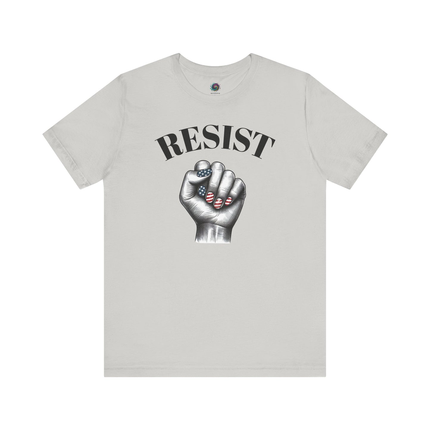 Resist Feminist Power Fist Tee in silver, subtle and sleek with USA flag nail art for bold resistance.