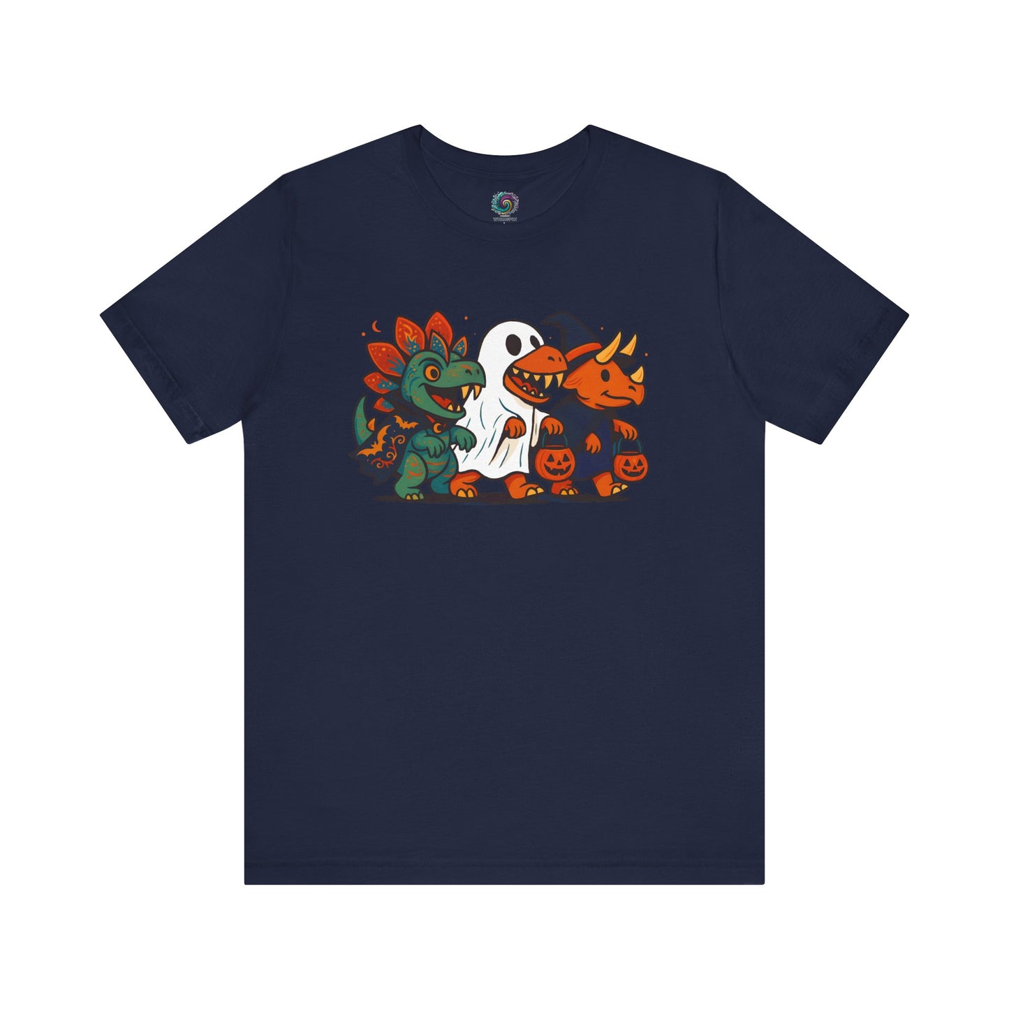 Navy blue t-shirt with Halloween-themed graphic of a group of dinosaurs wearing Halloween costumes and trick-or-treating