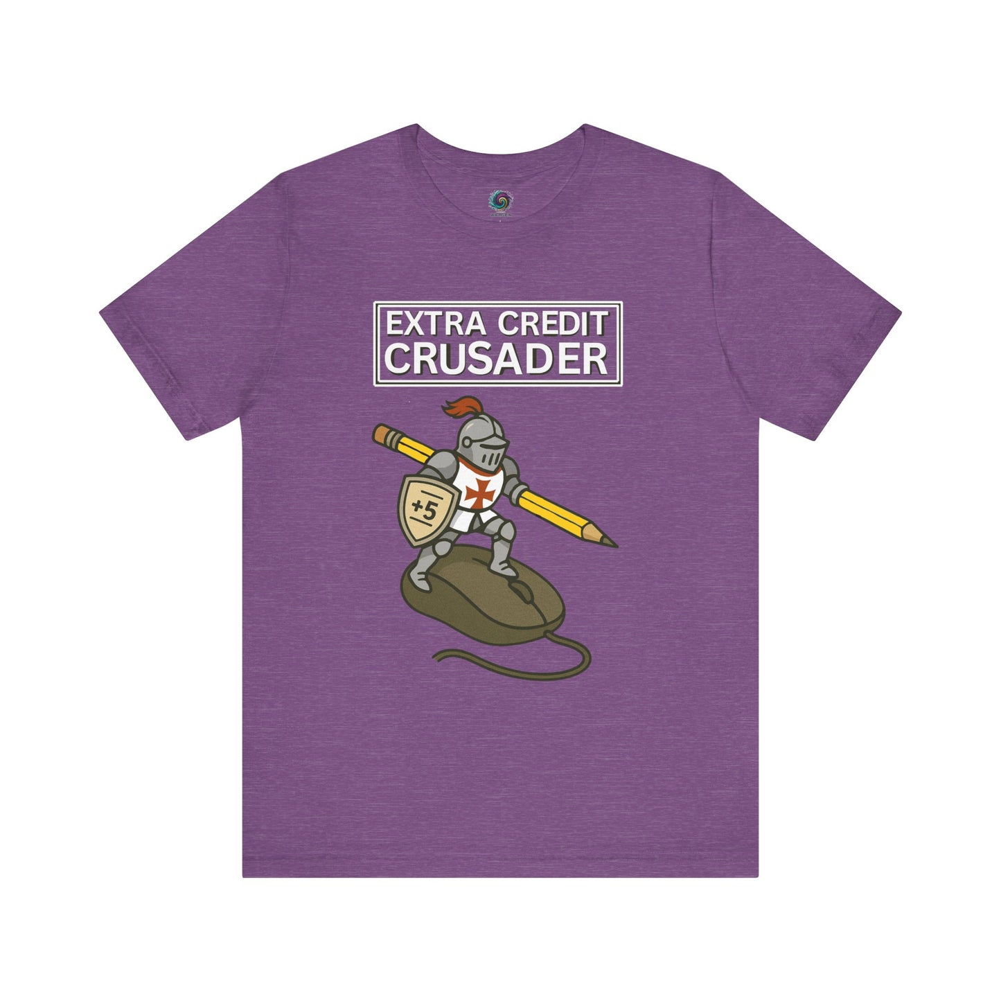 Purple t-shirt with a graphic of a knight holding a pencil and the text 'Extra Credit Crusader' on a white background from WhimSpin.