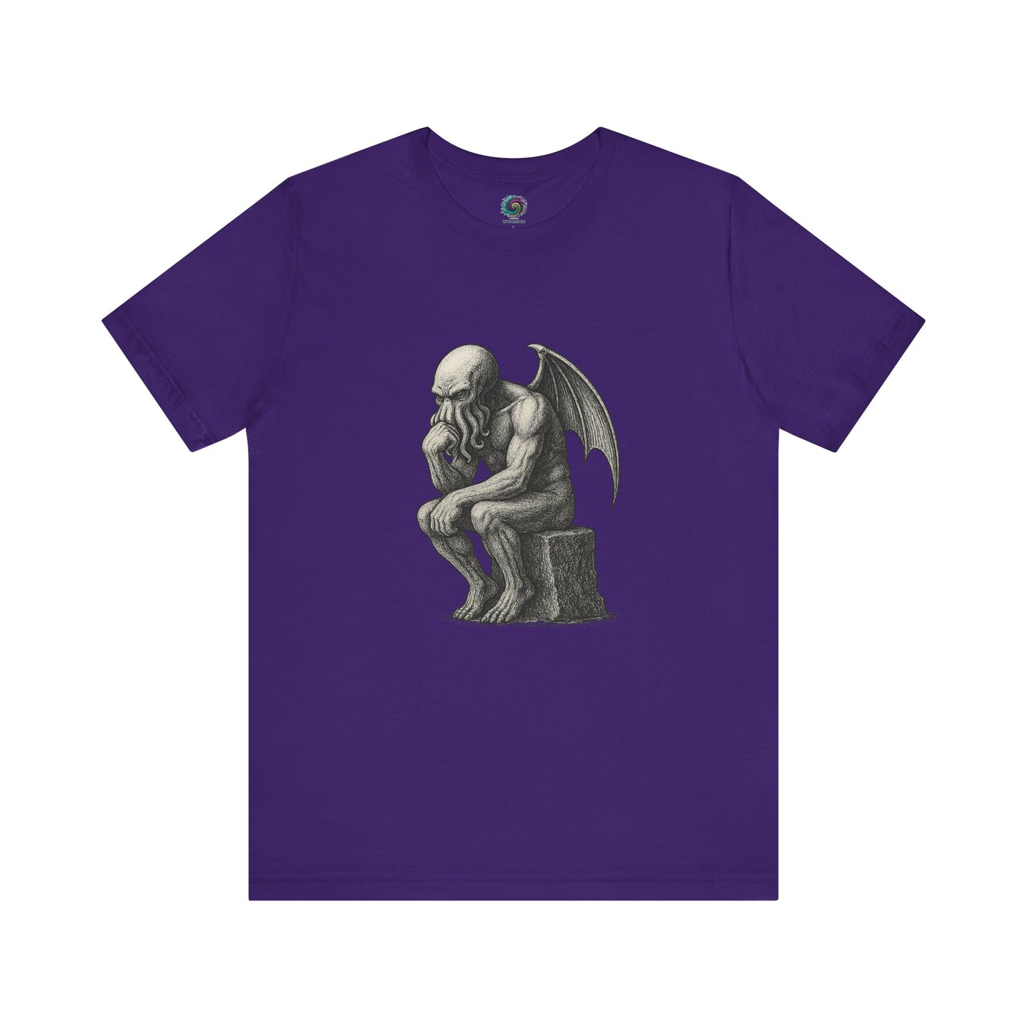 The Thinker Cthulhu Shirt – Lovecraftian Funny T-Shirt Unisex Graphic Tee in team purple featuring a clever funny Cthulhu shirt design in statue pose.
