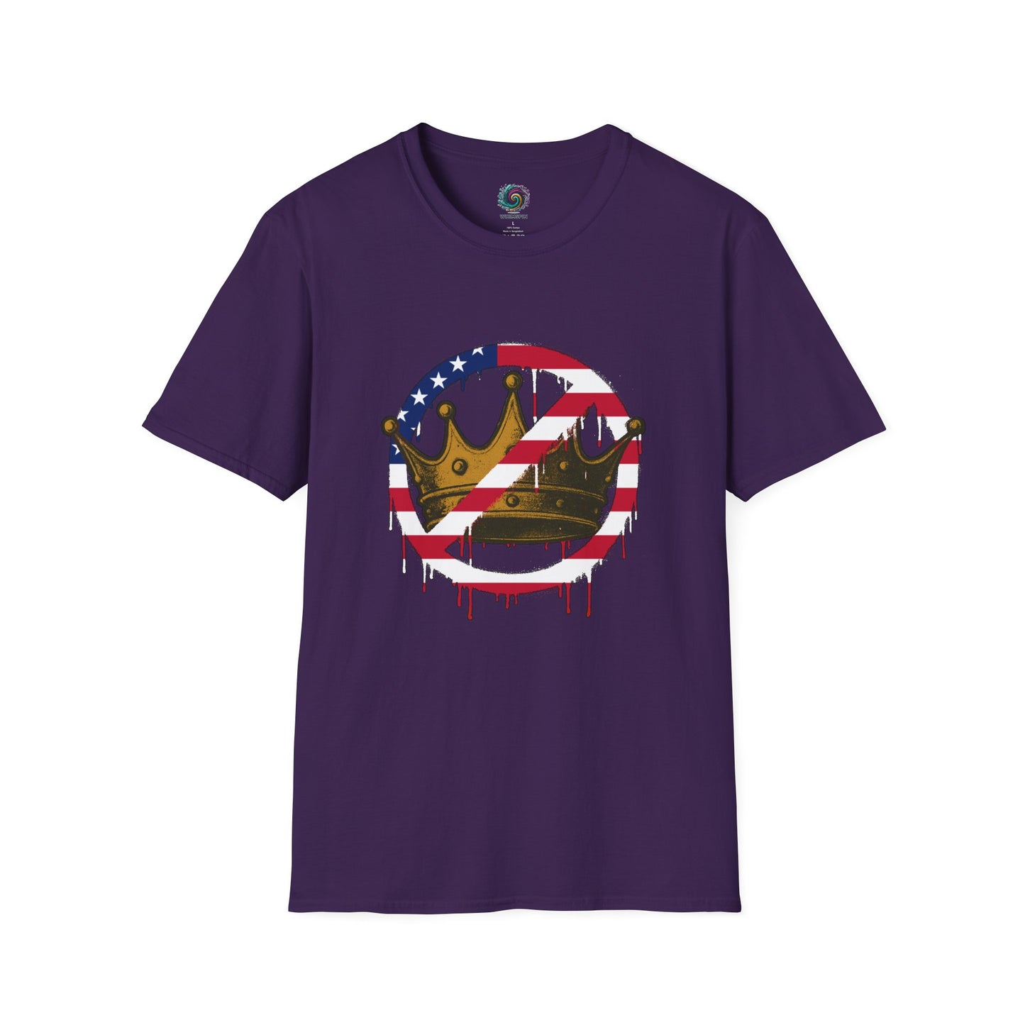 Purple No Kings Protest T-Shirt from WhimSpin with a graphic design featuring a crown with the "no" slashed circle symbol drawn in an American flag pattern on a white background