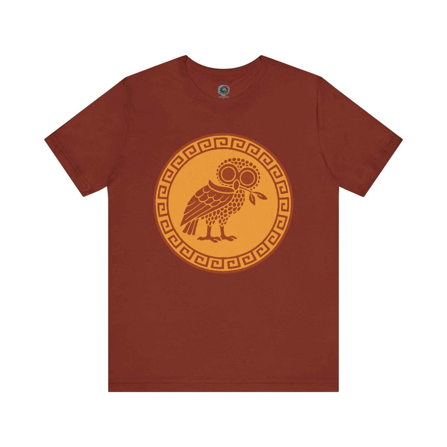 Red Athena’s Owl T-Shirt from WhimSpin on a white background