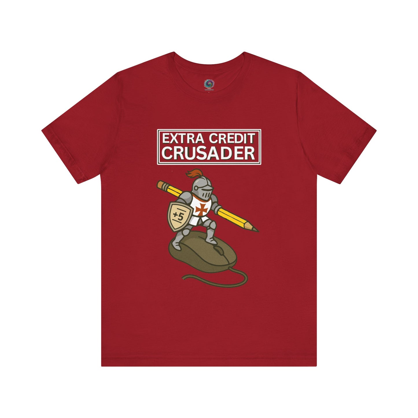 Red t-shirt with 'Extra Credit Crusader' graphic on a white background from WhimSpin.