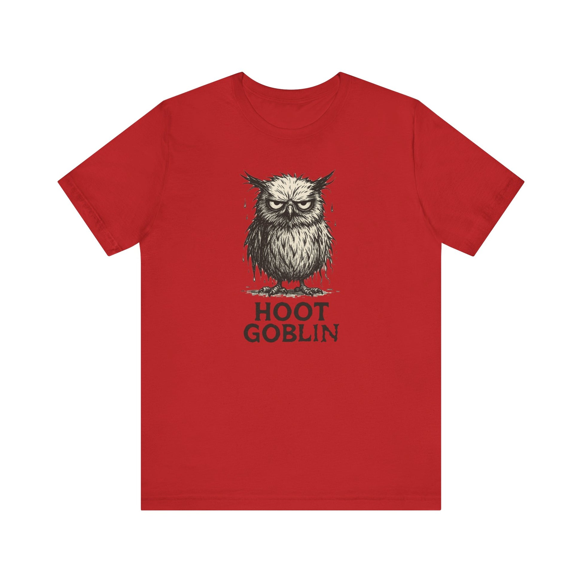 Red t-shirt with 'Hoot Goblin'  sad owl graphic on a white background