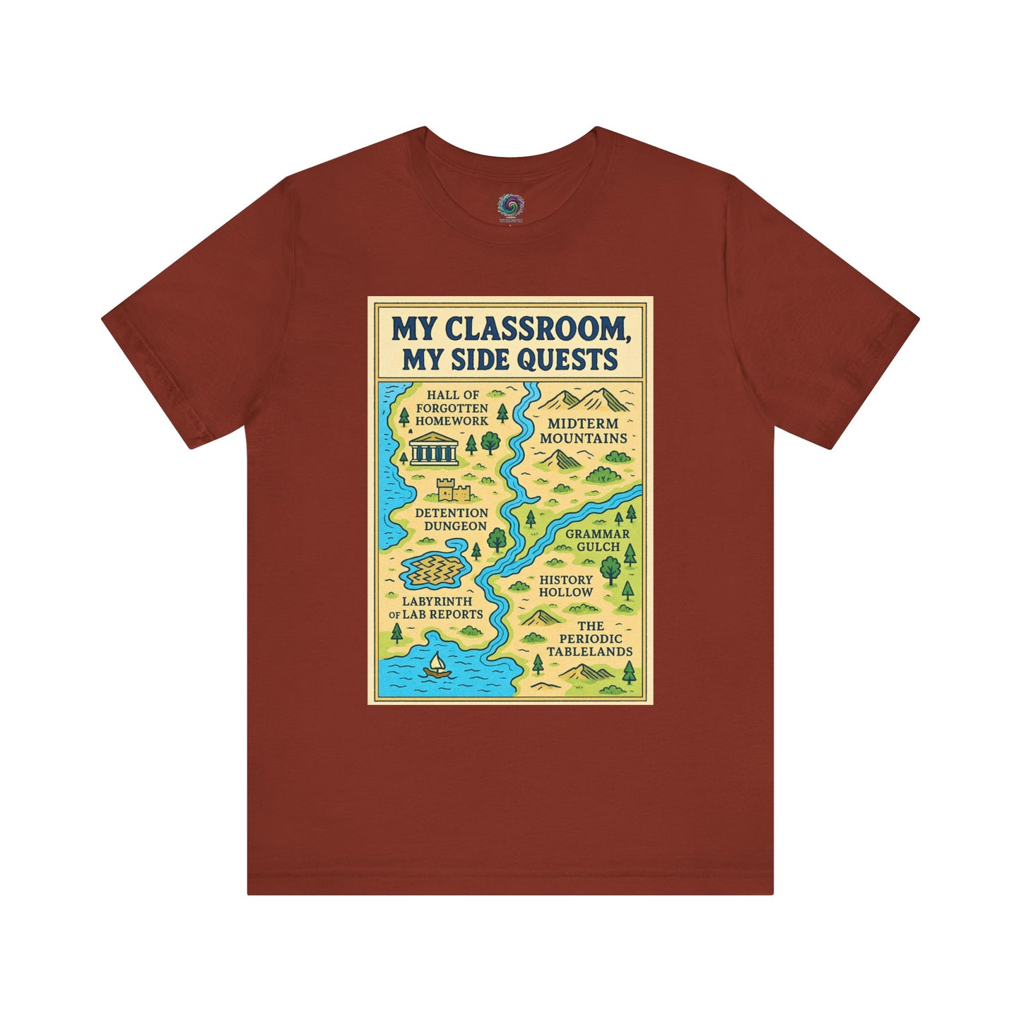 Red "My Classroom, My Side Quests T-Shirt" from WhimSpin The t-shirtdesign features a maptitled "MyClassroom, My Sidequest" and has classroom themed landmarks.