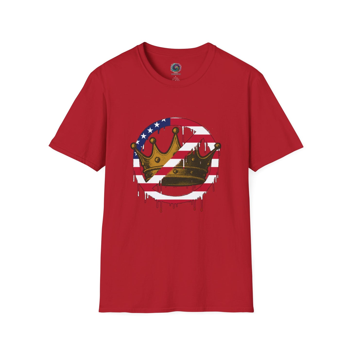 Red No Kings Protest T-Shirt from WhimSpin with a graphic design featuring a crown with the "no" slashed circle symbol drawn in an American flag pattern on a white background