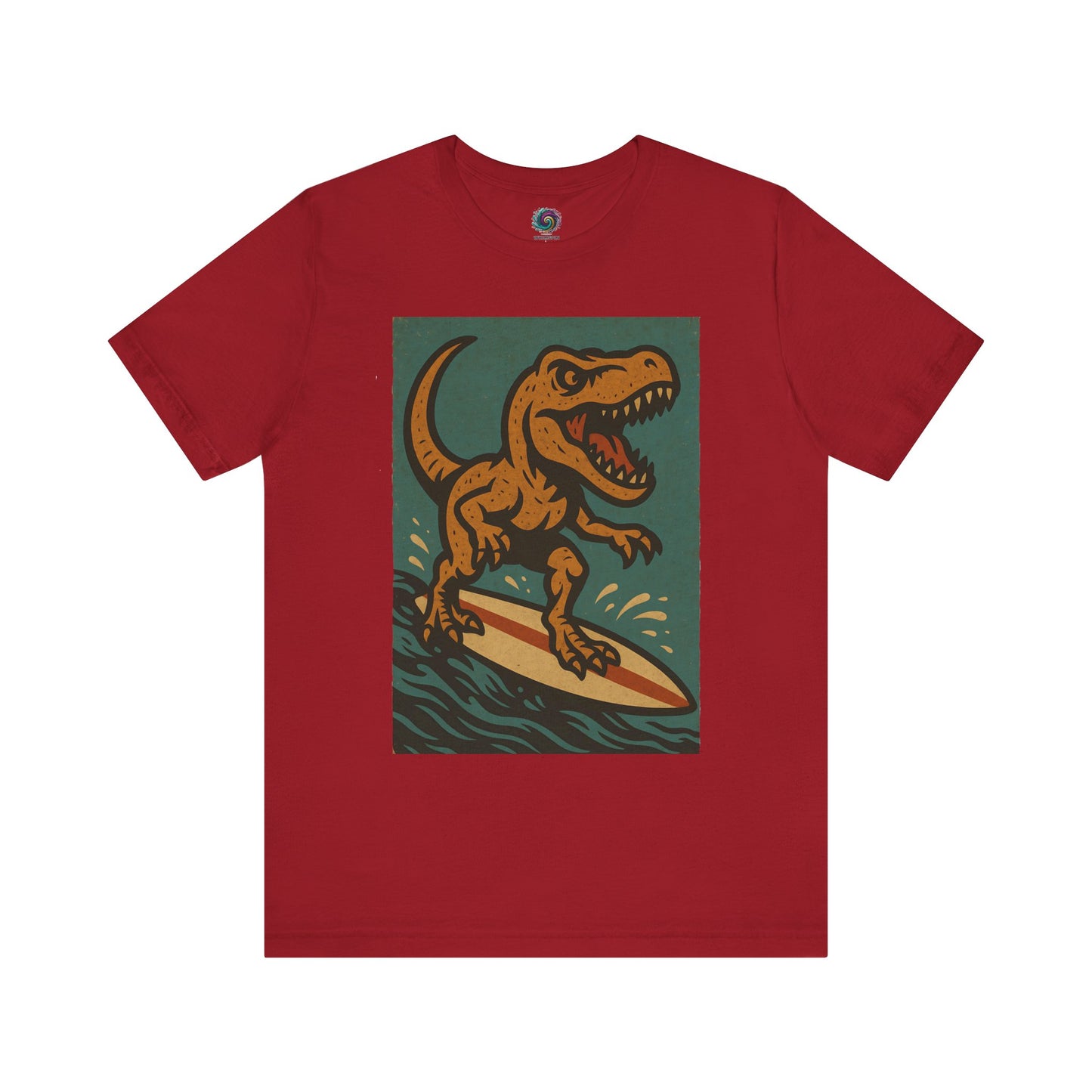 Red Surfing t-rex t shirt from WhimSpin- A rearing t Rex riding a yellow surf board on the waves