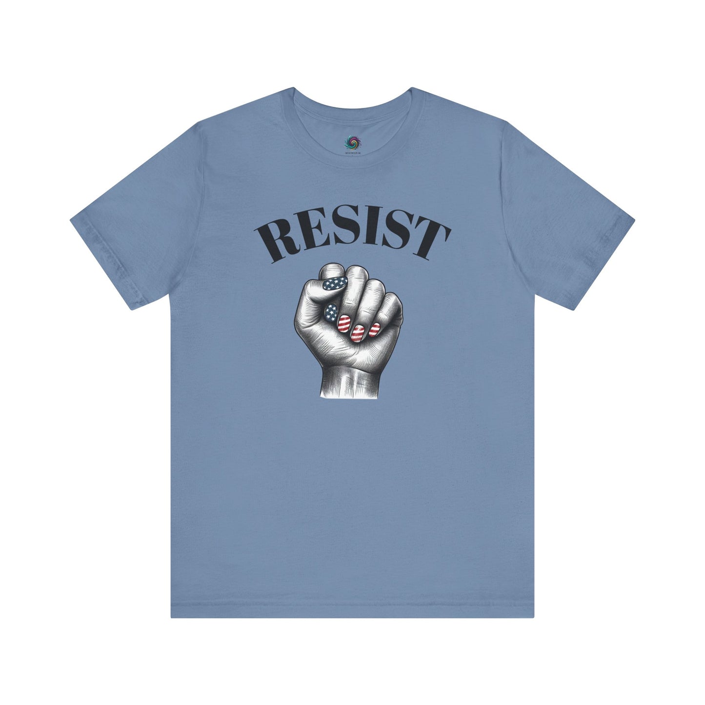 Resist Feminist Power Fist Tee in steel blue, featuring RESIST text and fist with patriotic flair.