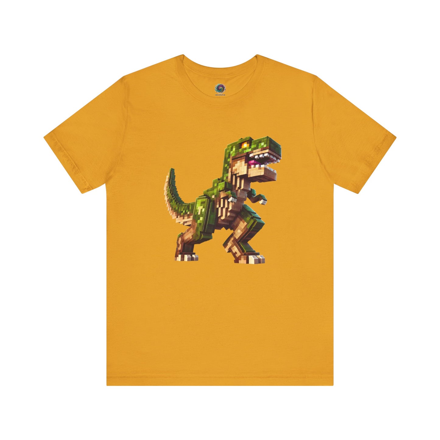 Pixel Dinosaur Graphic T-Shirt – Retro Unisex Tee for Adult Dino Fans in mustard yellow, vintage arcade style dino.
