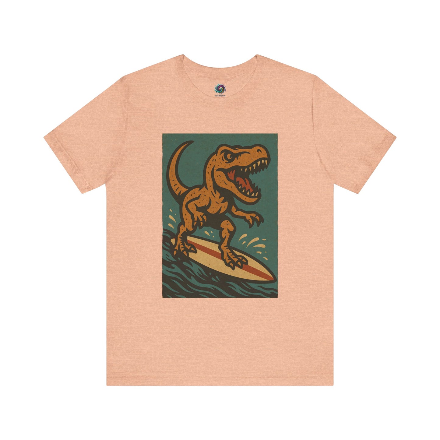 Surfing T-Rex T-Shirt – Funny Dinosaur surfing Graphic Tee for Summer Vibes in heather peach, featuring a vintage-style surfing dinosaur — a go-to for beach lovers and surf tees.