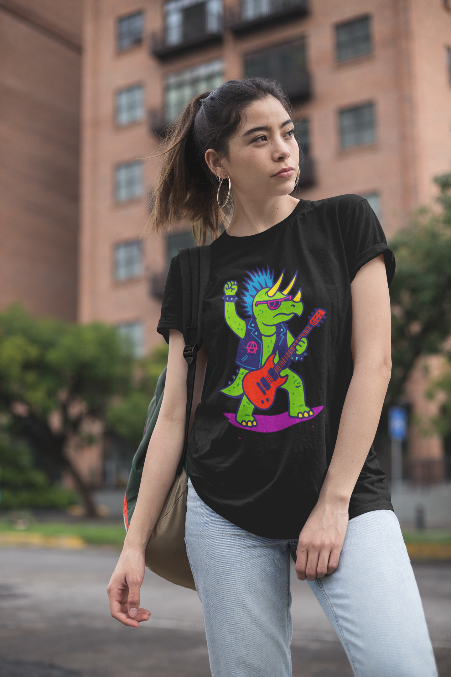 Punk Rock Triceratops T-Shirt – Funny Dinosaur Tee for Adults featuring a punk dinosaur with mohawk and guitar, perfect for fans of dinosaur rockstar and triceratops music style.