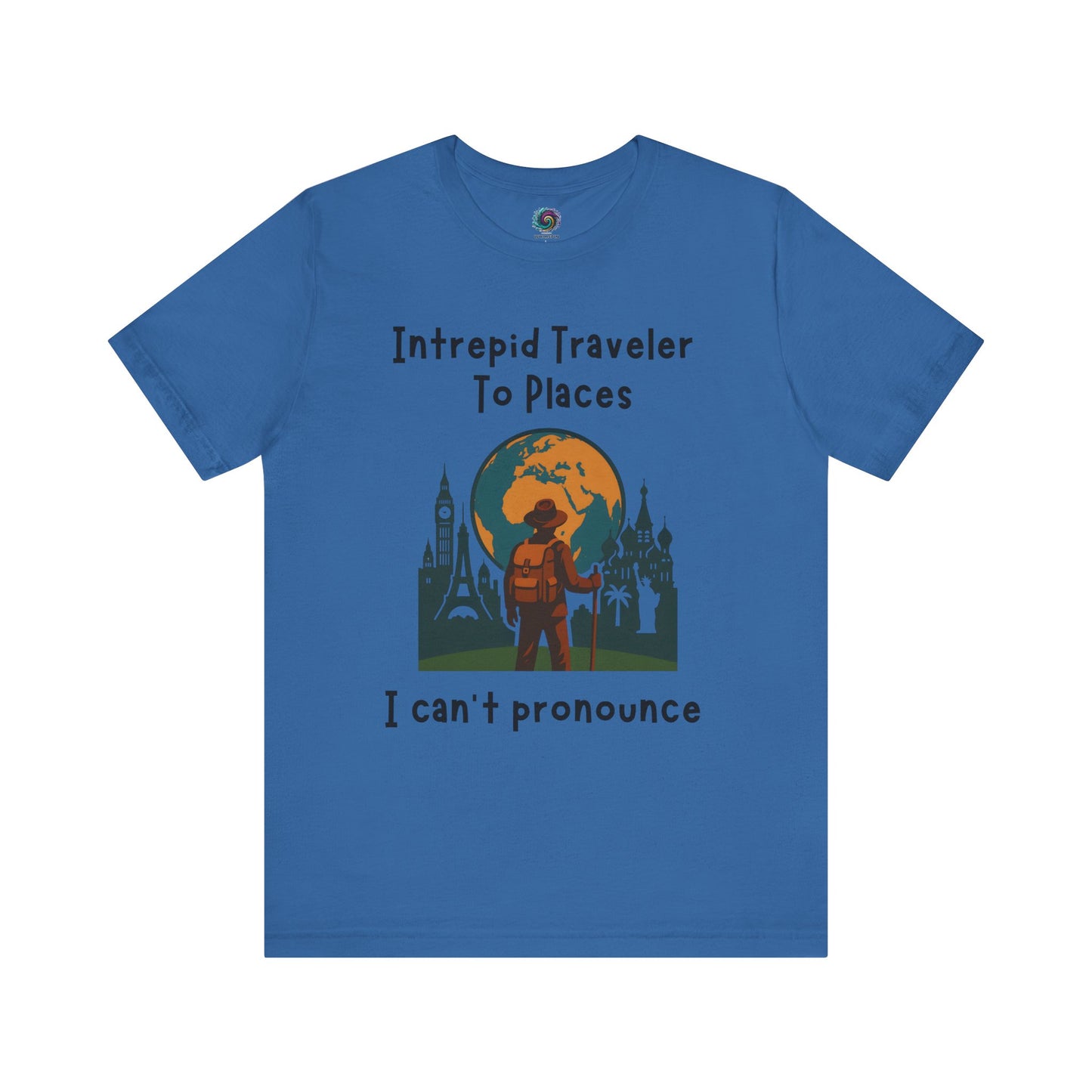 Royal Blue t-shirt with a graphic design and text on a white background for Travelers and global explorers