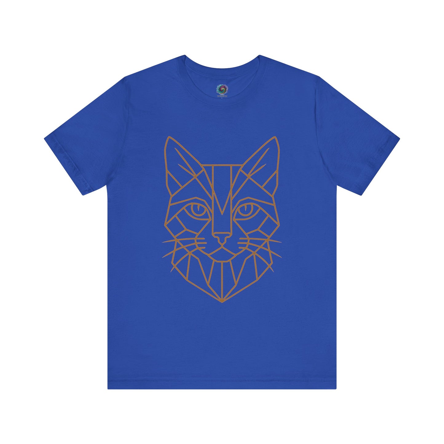 Royal blue t shirt with a cat head drawn in geometric lines - Geometric Cat T-Shirt – Minimalist Line Art Tee from Whimspin