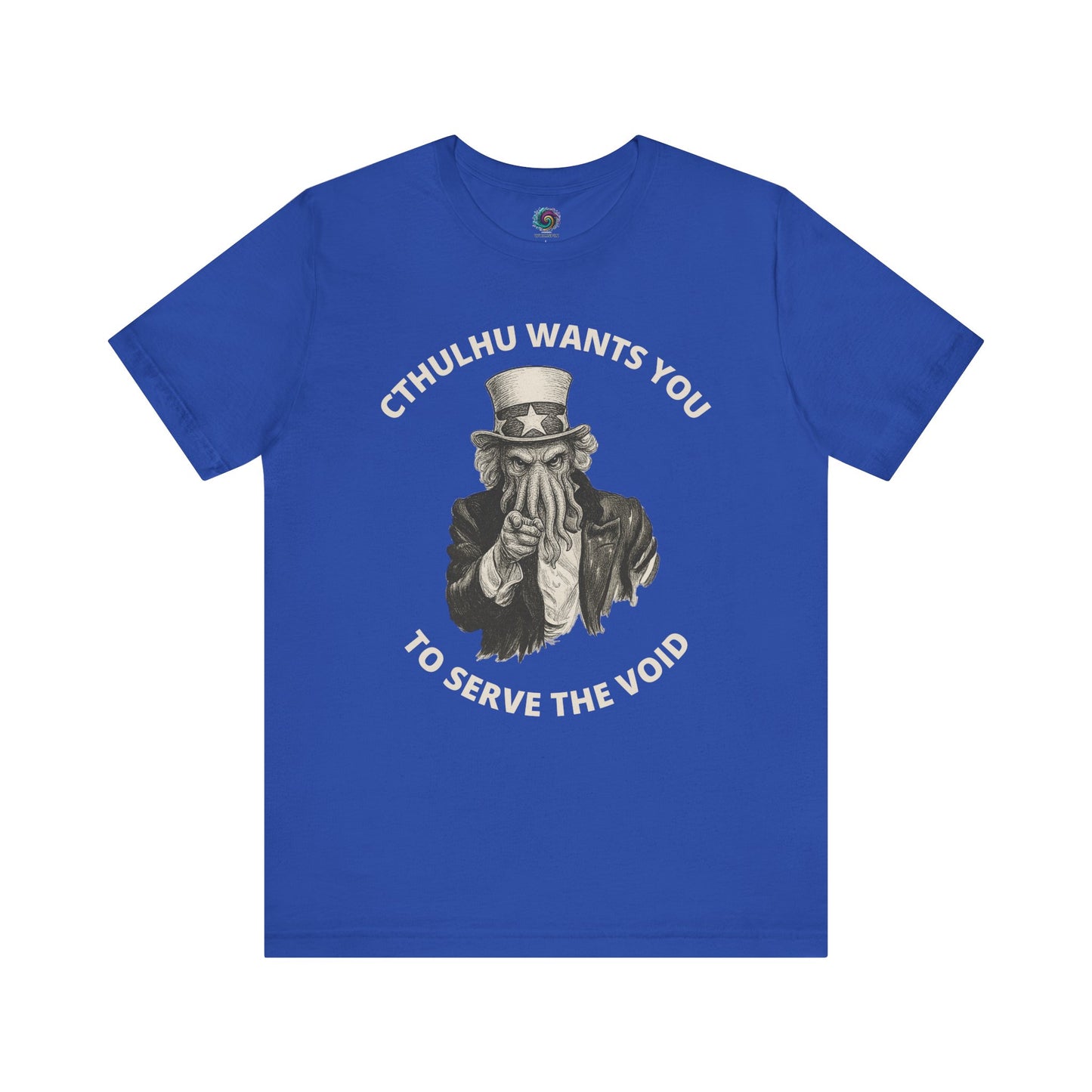 Cthulhu Wants You T-Shirt – Mythos Horror Tee for Lovecraft Fans in true royal blue, combining classic Uncle Sam parody with Cthulhu mythos flair.