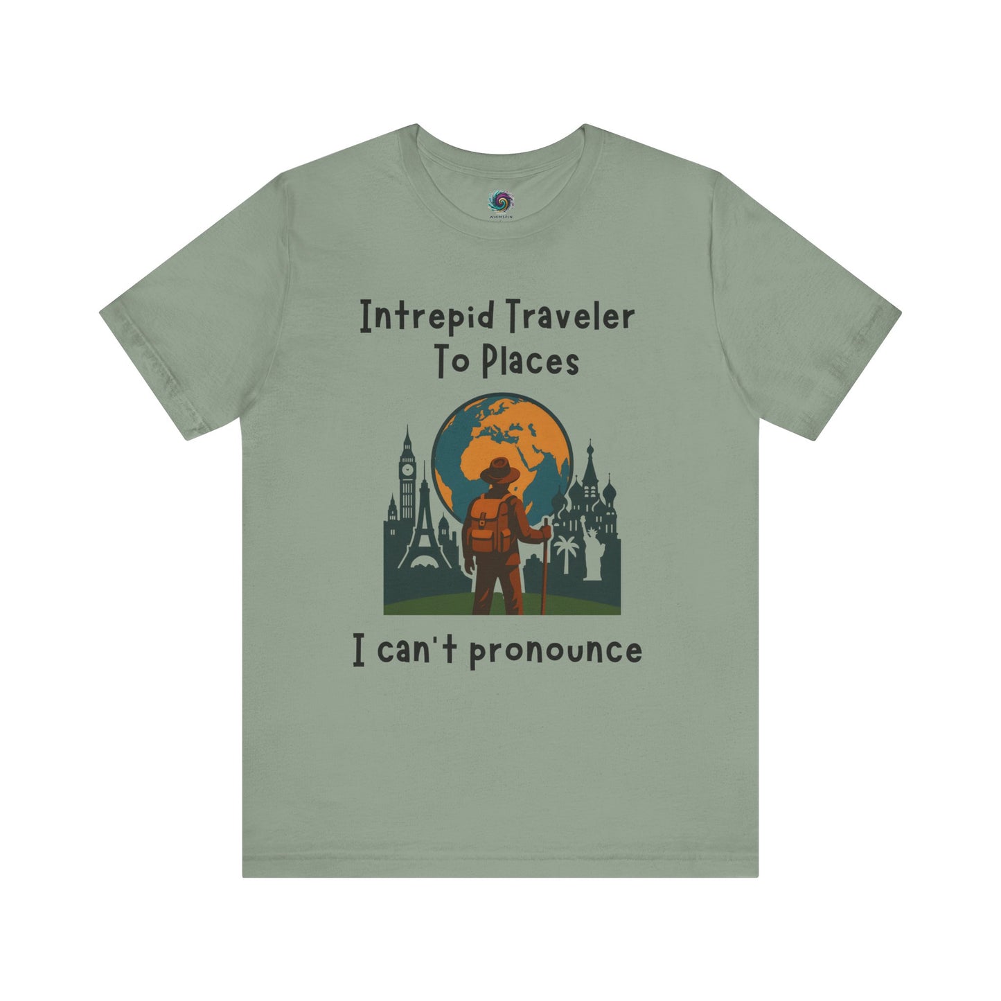 Green t-shirt with travel-themed design and text on a white background