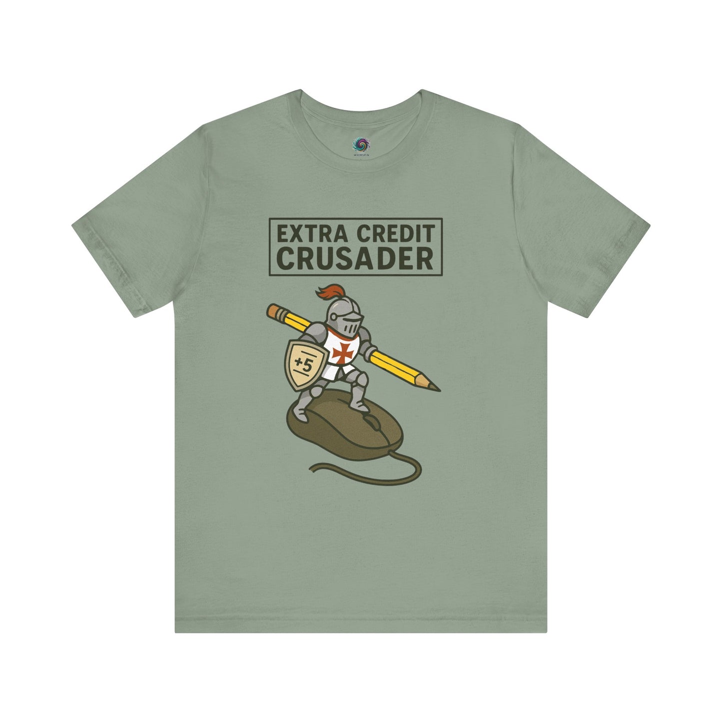 Sage Extra Credit Crusader T-Shirt from WhimSpin. The tshirt graphic features a knight templar riding a computer mouse, with a giant pencil under his arm like a lance, and carrying a shield with "+5" written on it.