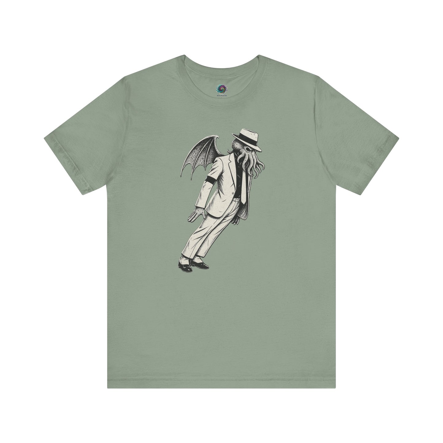 Smooth Cthulhu Unisex T-Shirt – Lovecraft Meets Smooth Criminal Style in sage, flat lay parody Smooth Cthulhu design.