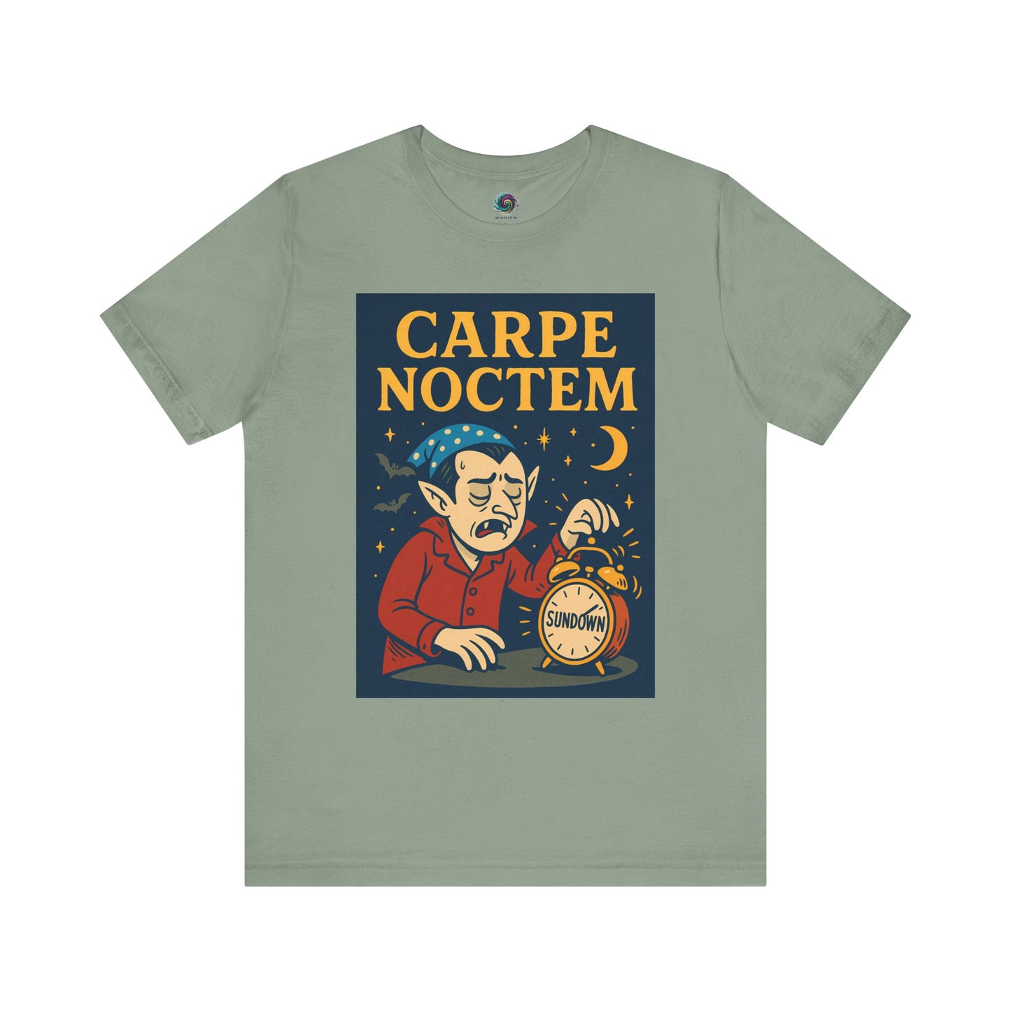 sage green funny tshirt with 'Carpe Noctem' graphic design featuring a vampire with an alarm clock and moon. Perfect for Halloween parties and night owls
