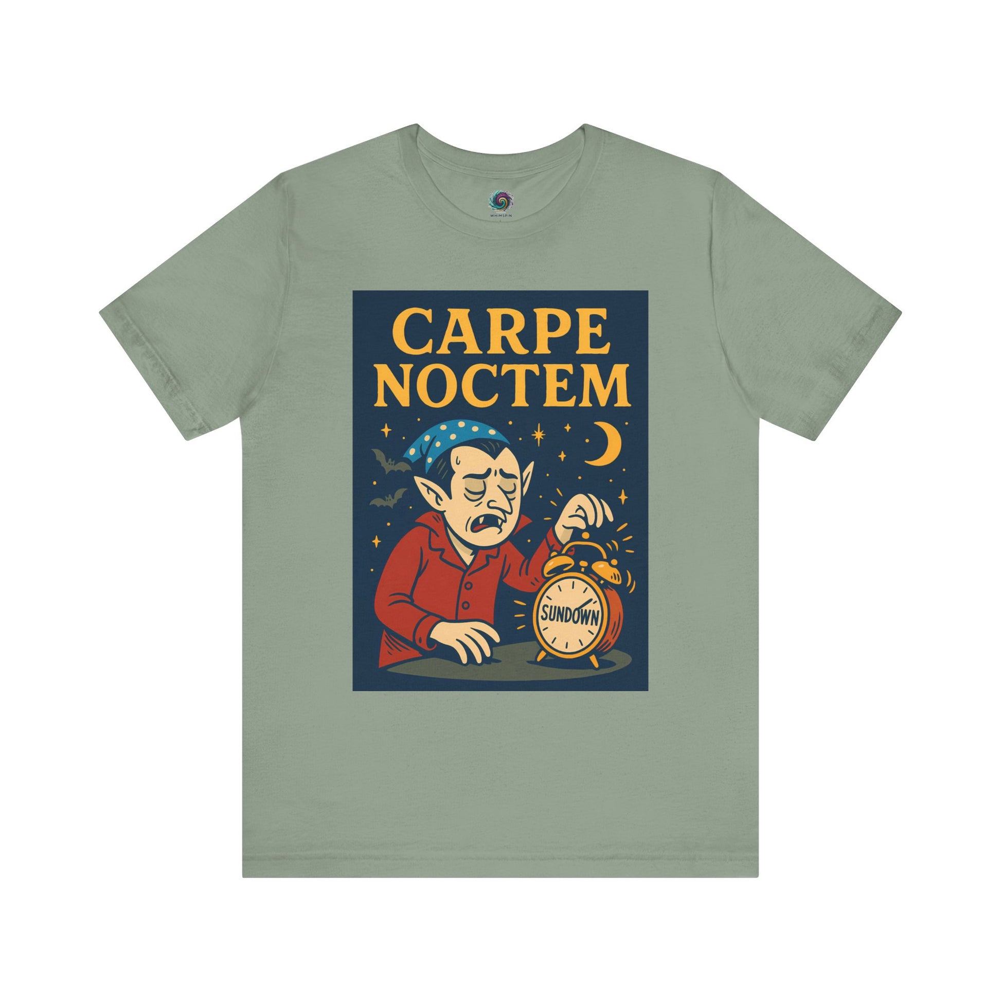 sage green funny tshirt with 'Carpe Noctem' graphic design featuring a vampire with an alarm clock and moon. Perfect for Halloween parties and night owls