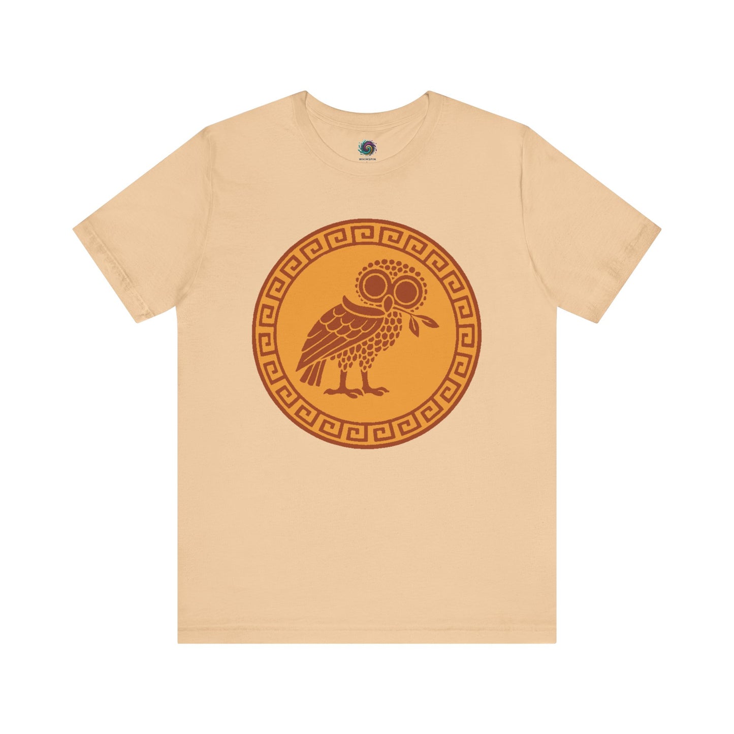 Sand Athena’s Owl T-Shirt, featuring a Greek Mythology Bird, from WhimSpin on a white background