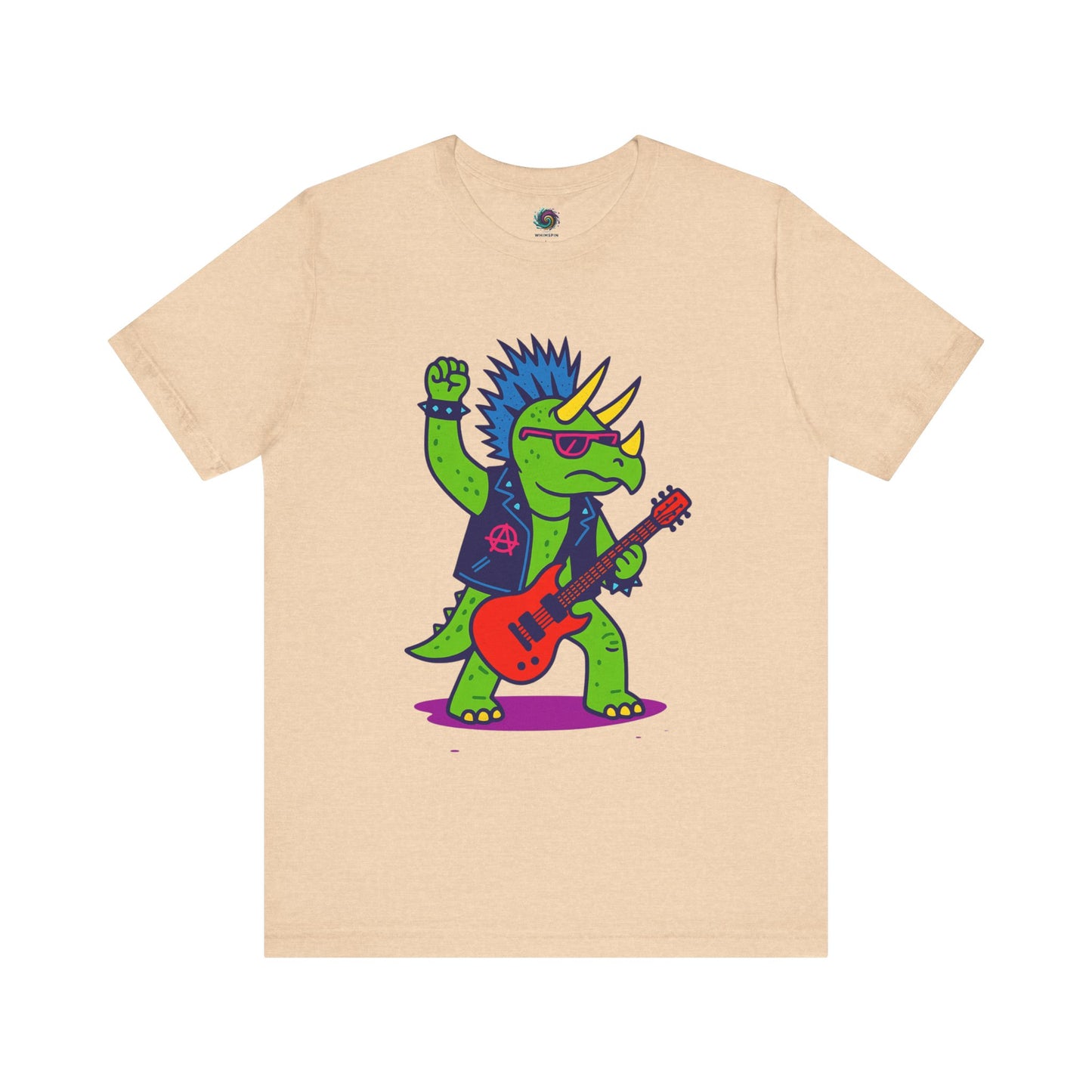 Punk Rock Triceratops T-Shirt – Funny Dinosaur Tee for Adults in heather sand dune, with a mohawk-wearing triceratops playing electric guitar — a perfect punk dinosaur look.