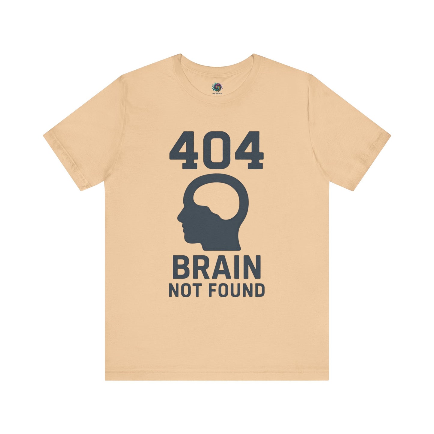 Sand dune "404 Brain Not Found T-Shirt" from WhimSpin. The tshirt graphic is a profile image of a human head with an empty hole where the brain should be and the text "404 Brain Not Found."