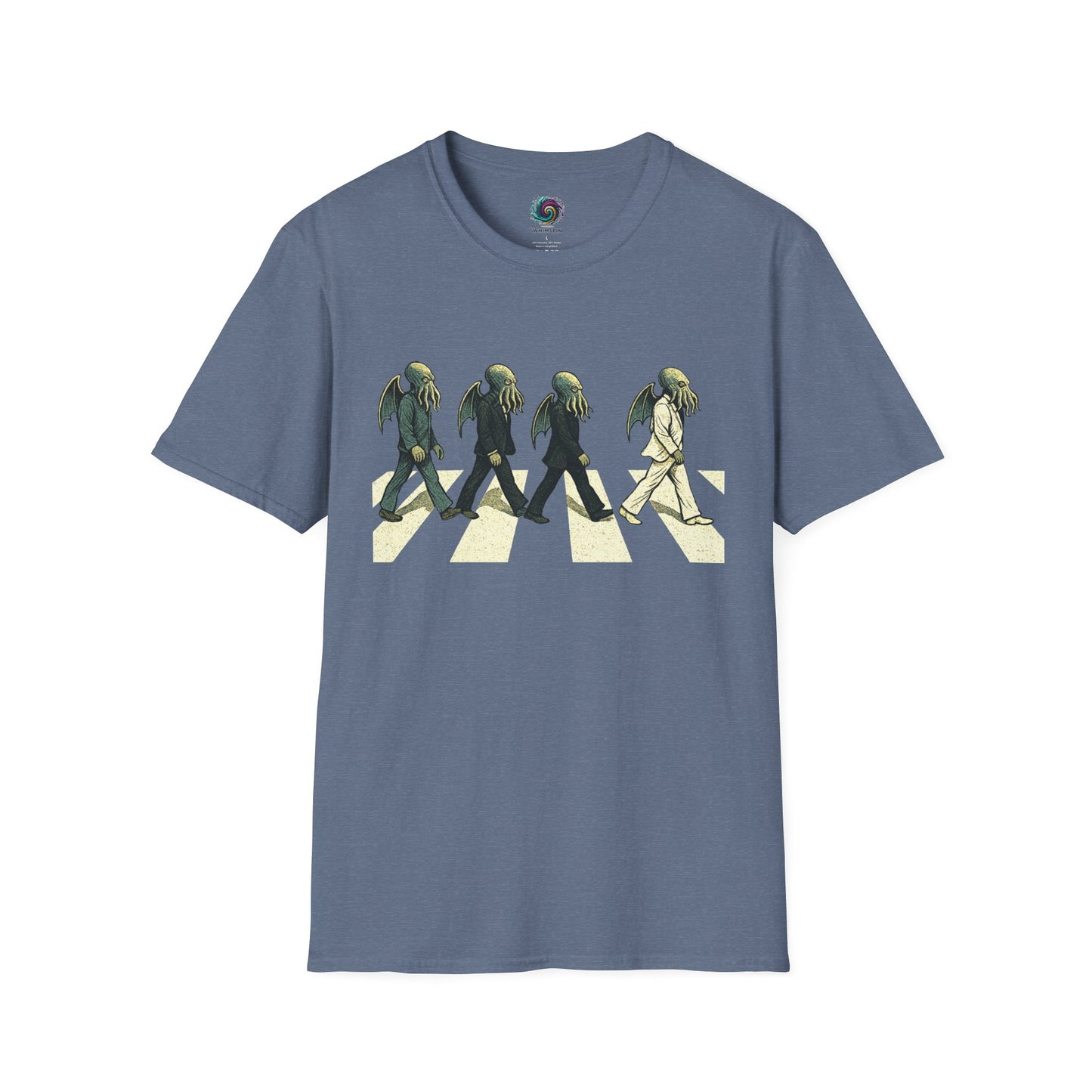 Slate Blue Cthulhu Crossing T-Shirt – Beatles Abbey Road Parody Tee | WhimSpin - WhimSpin - https://whimspin.com