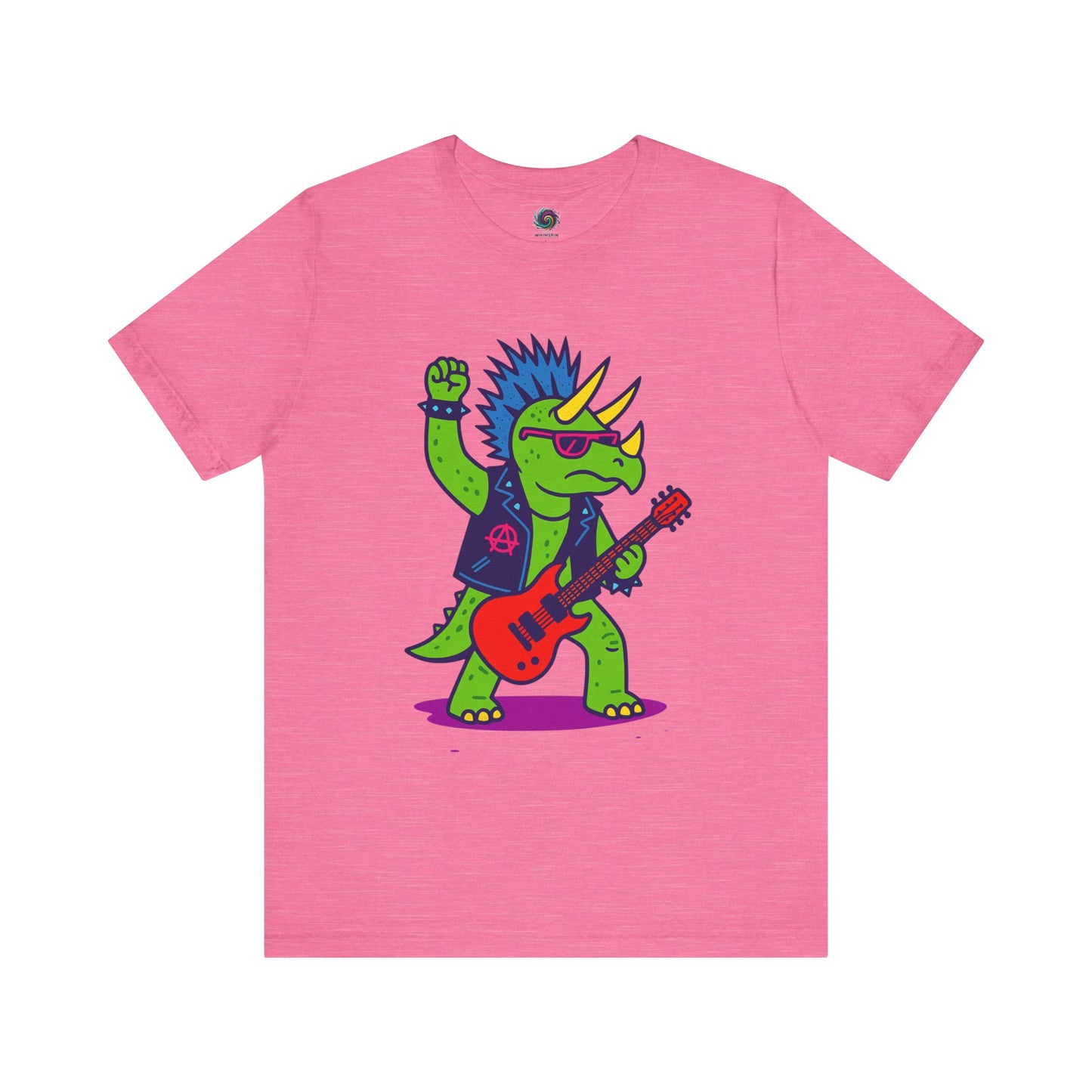 Punk Rock Triceratops T-Shirt – Funny Dinosaur Tee for Adults in heather charity pink, with a vibrant punk dinosaur graphic that celebrates music and fun.