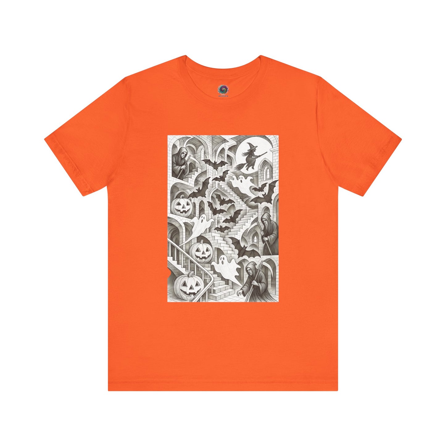 Orange haunted hallway shirt with MC Escher-style ghost stairs