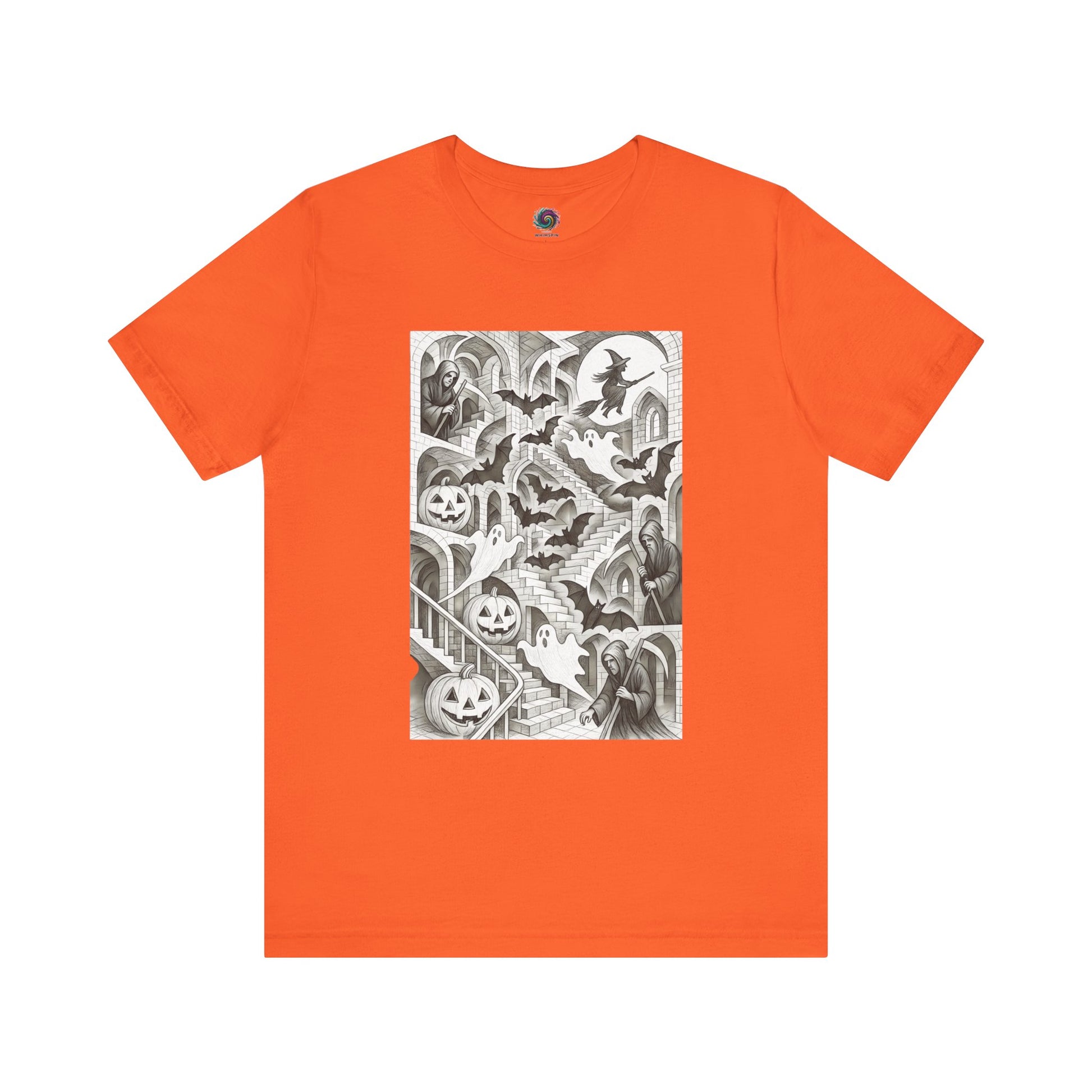 Orange haunted hallway shirt with MC Escher-style ghost stairs