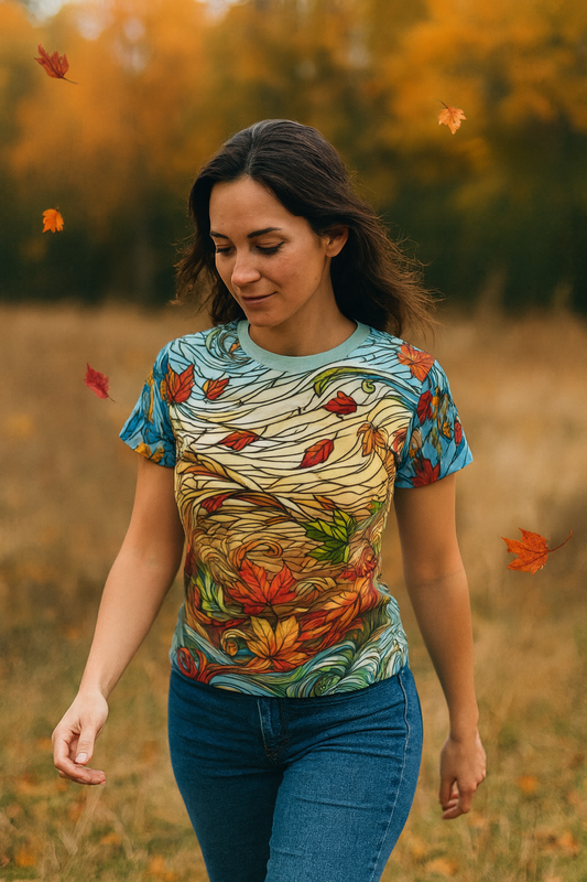 Woman walking through an autumn meadow wearing the Stained Glass Autumn Leaves AOP Women’s Shirt – Art Deco Fall Tee, with swirling stained glass leaf patterns that blend into the fall background.