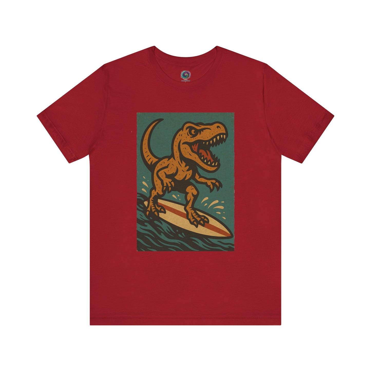 Surfing T-Rex T-Shirt – Funny Dinosaur Graphic Tee in canvas red, combining dinosaur surfing fun with eye-catching vacation style.