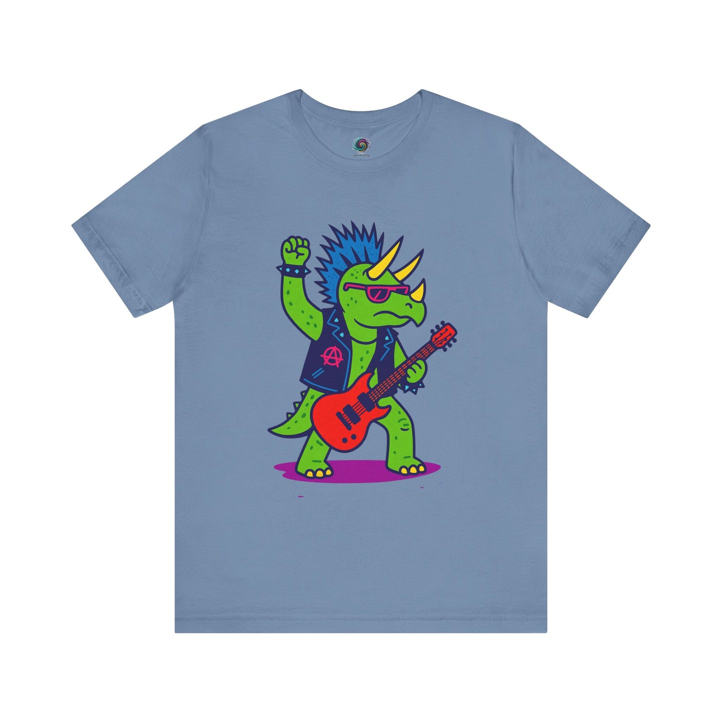 Punk Rock Triceratops T-Shirt – Funny Dinosaur Tee for Adults in steel blue, with a punk dinosaur guitarist design perfect for rockstar dinosaur fans.