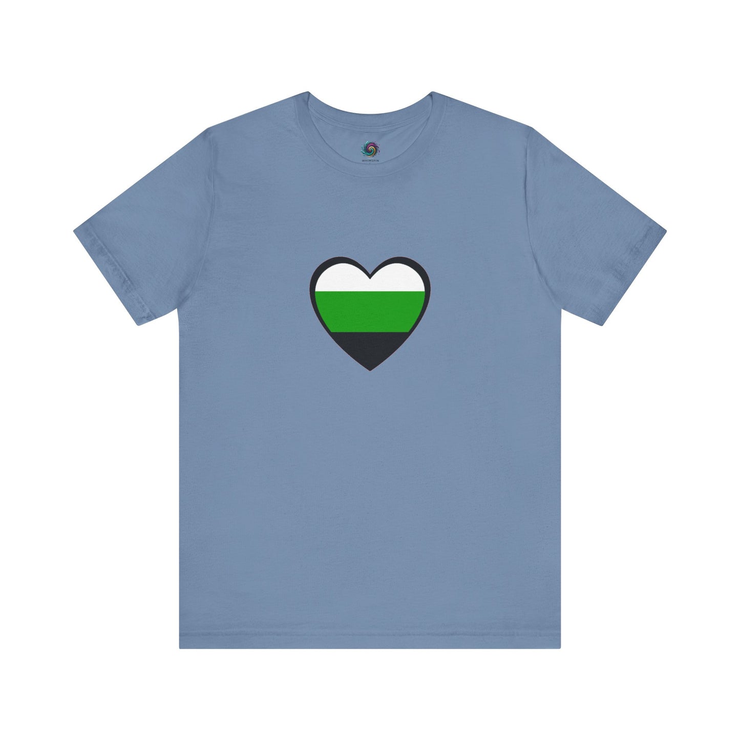 Layflat of the Aromantic Flag Shirt in steel blue, with a heart-shaped design symbolizing neutrois pride flag meaning in a cool, gender-neutral palette.