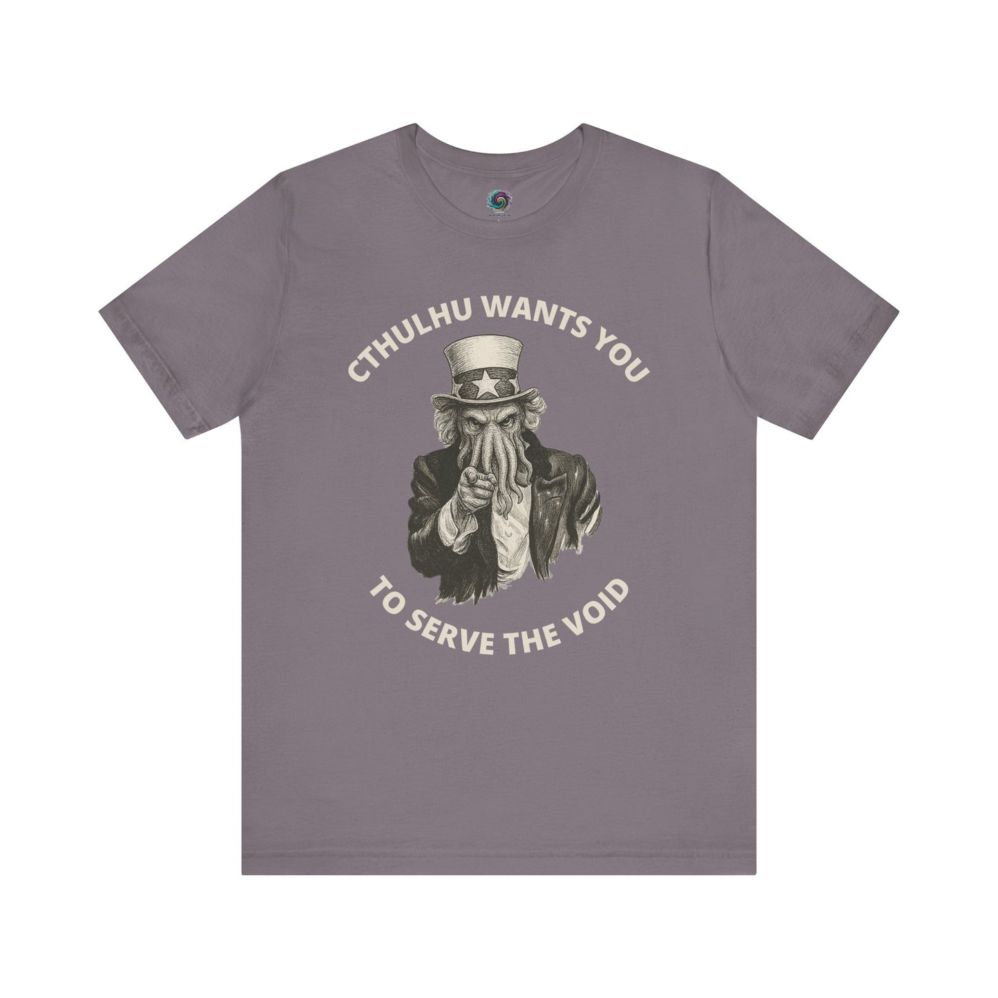 Cthulhu Wants You T-Shirt – Mythos Horror Tee for Lovecraft Fans in storm gray, offering a muted background for the bold Cthulhu Uncle Sam artwork.