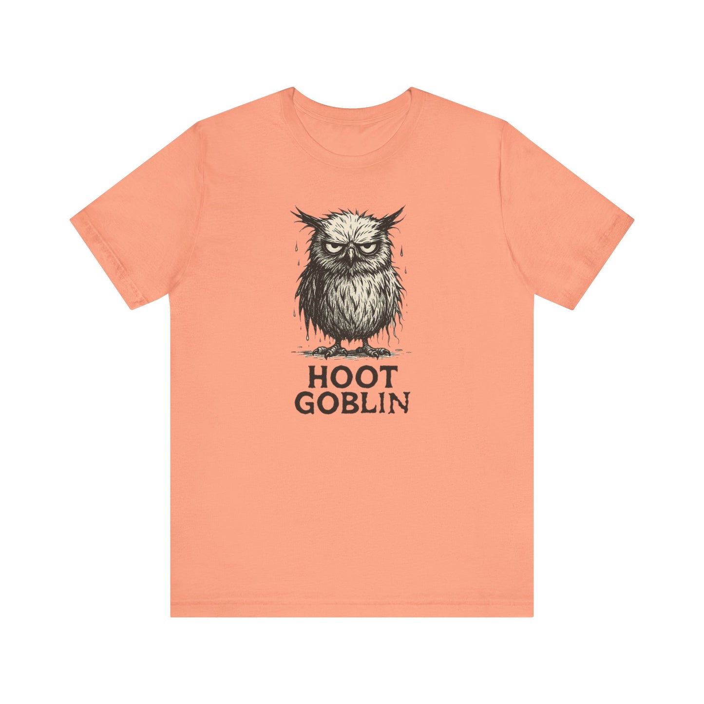 Sunset t-shirt with an owl graphic and 'Hoot Goblin' text on a white background