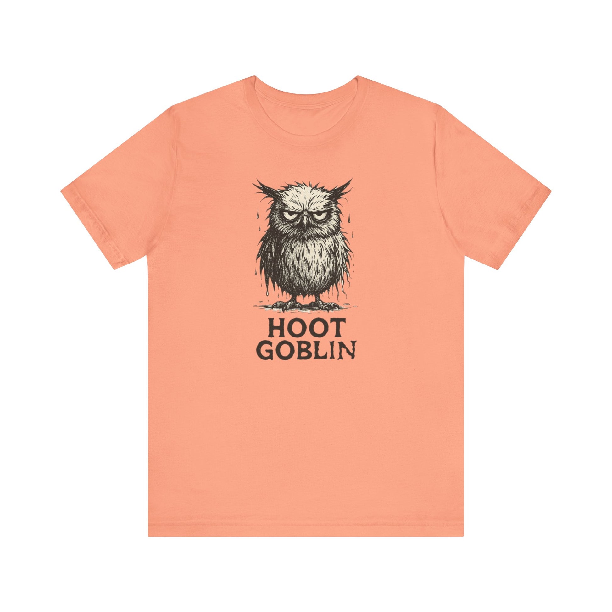Sunset t-shirt with an owl graphic and 'Hoot Goblin' text on a white background