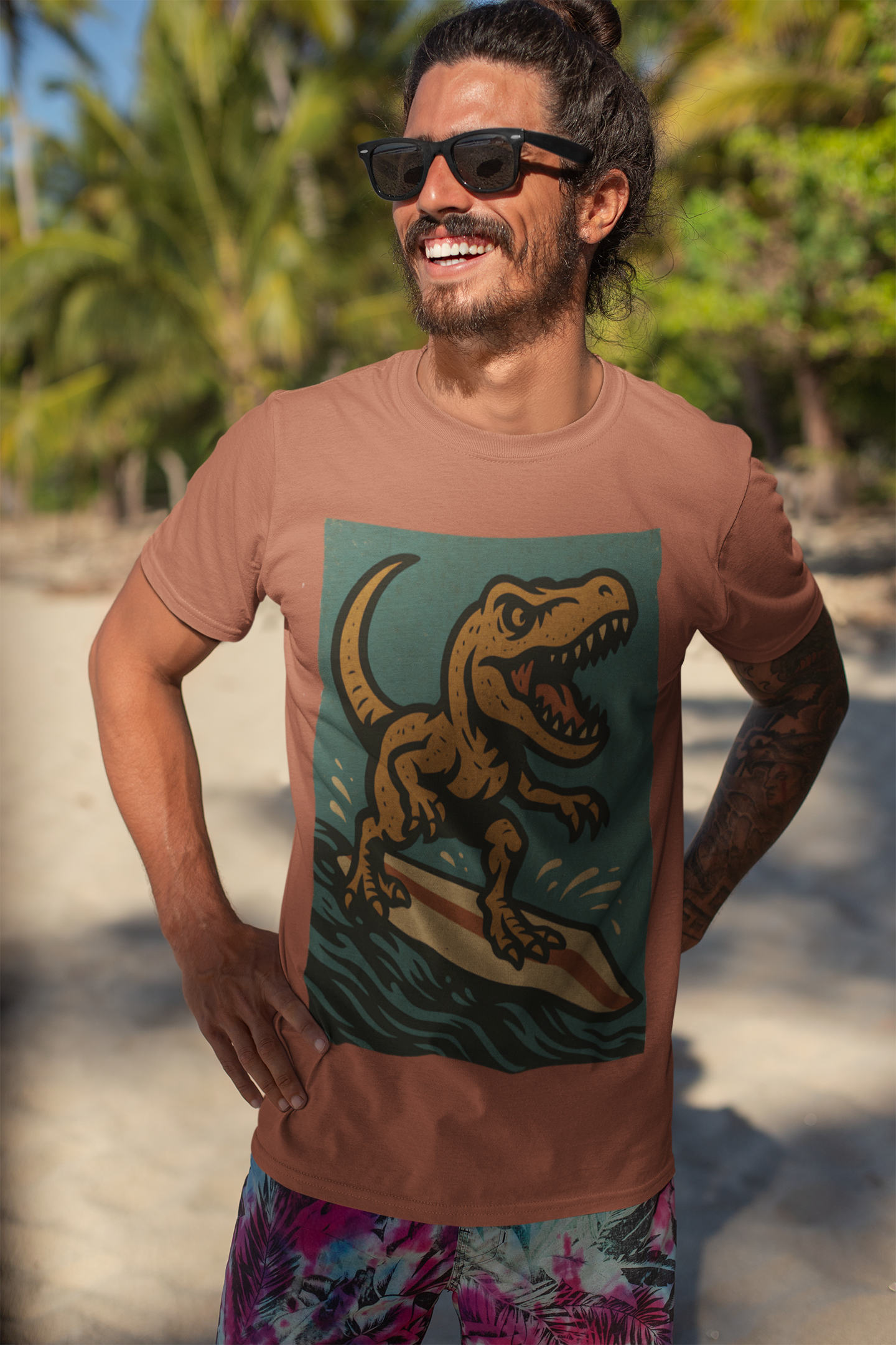 Surfing T-Rex T-Shirt – Funny Dinosaur Graphic Tee for Summer Vibes worn on the beach at golden hour, capturing dinosaur beach vibes and summer-ready adventure