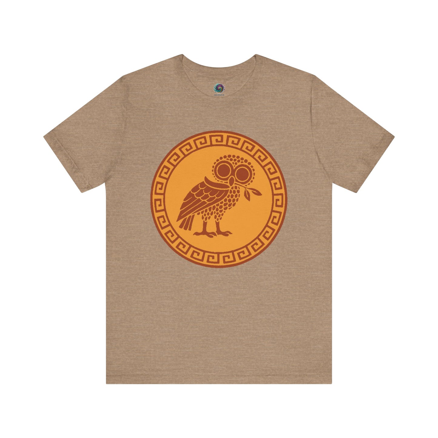 Tan Athena’s Owl T-Shirt from WhimSpin on a white background