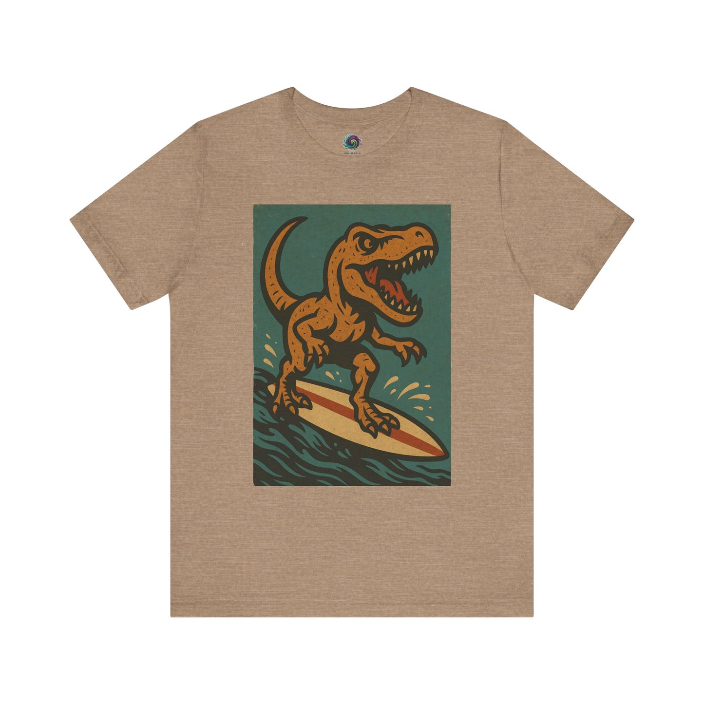 Tan Surfing t-rex t shirt from WhimSpin- A rearing t Rex riding a yellow surf board on the waves
