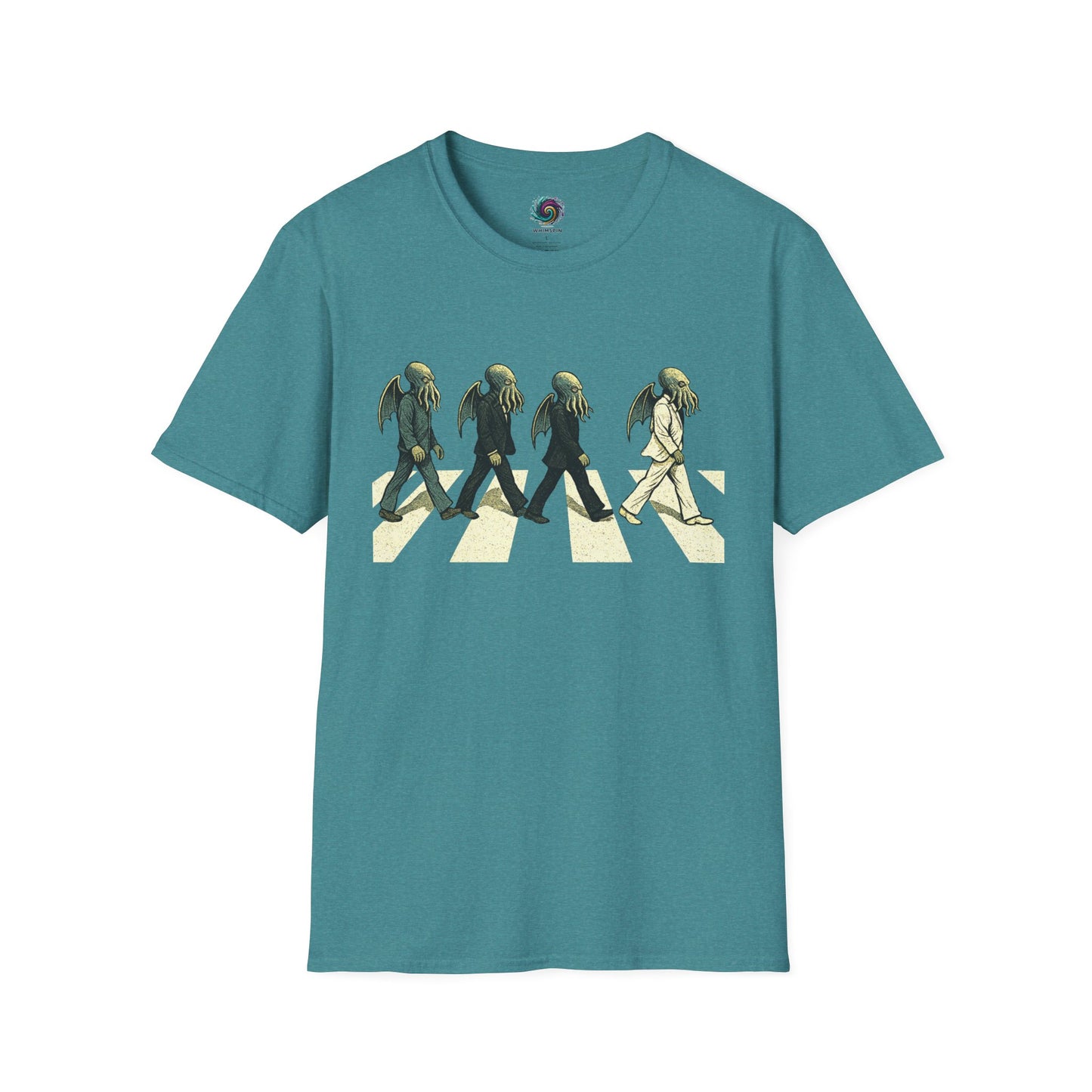 Teal Cthulhu Crossing T-Shirt – Beatles Abbey Road Parody Tee | WhimSpin - WhimSpin - https://whimspin.com