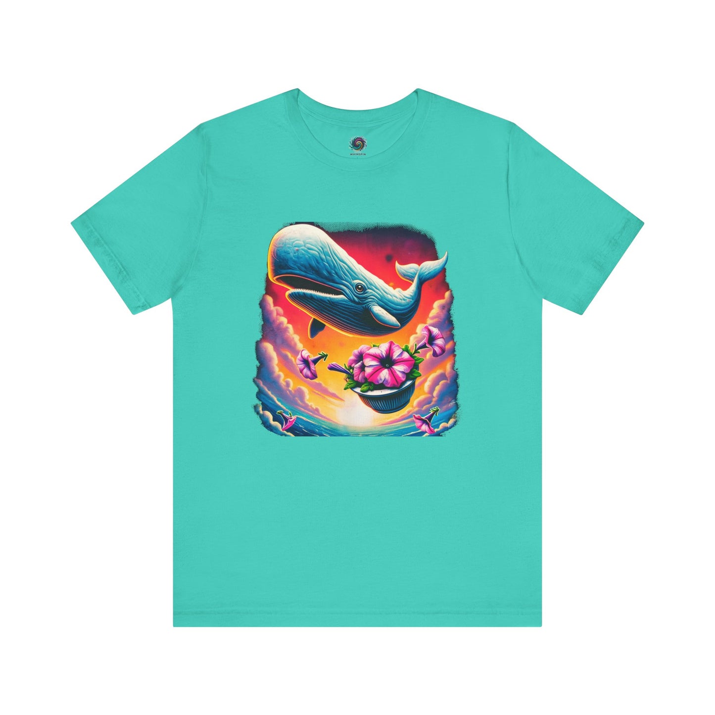 Oh No Not Again Petunias and Whale Tee – whimsical and colorful oh no not again shirt in teal with floral and sky design