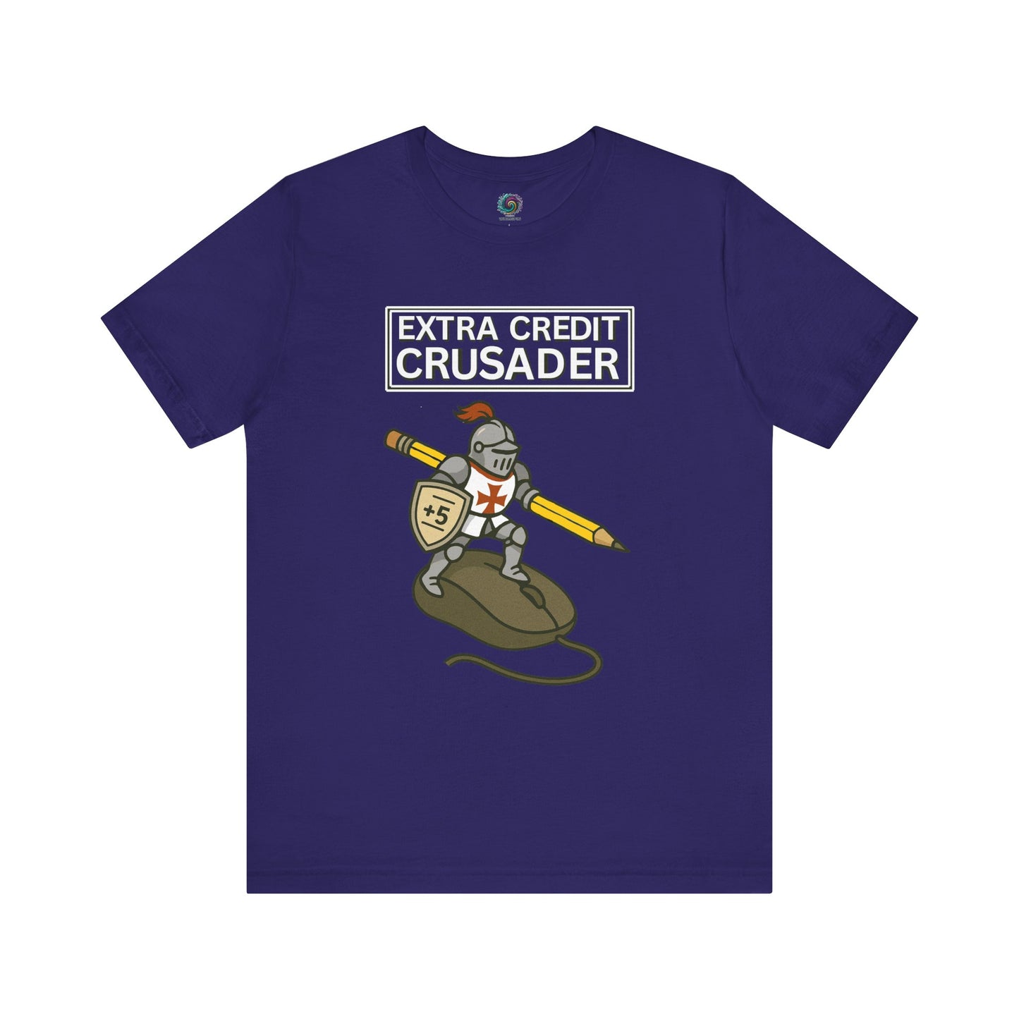 Navy blue t-shirt with a graphic of a crusader holding a pencil and the text 'Extra Credit Crusader' on a white background from WhimSpin.