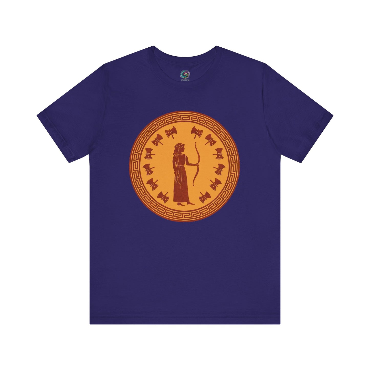 Team Navy Penelope Epic Queen of Ithaca T shirt from Whimspin. The shirt features an image of a woman in ancient Grecian robes holding a bow and surrounded by 12 axes. The images is in terracotta cotta red and gold in the style of ancient amphora art.